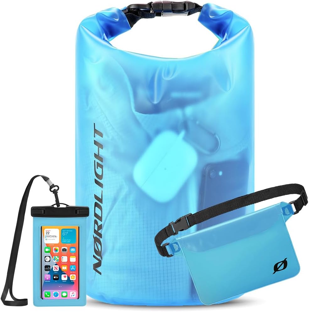 Detalle de Nordlight Dry Bag wasserdichte Tasche – 2l bis 30l, Roll-Top, inkl. Bauchtasche und Smartphone-Hülle