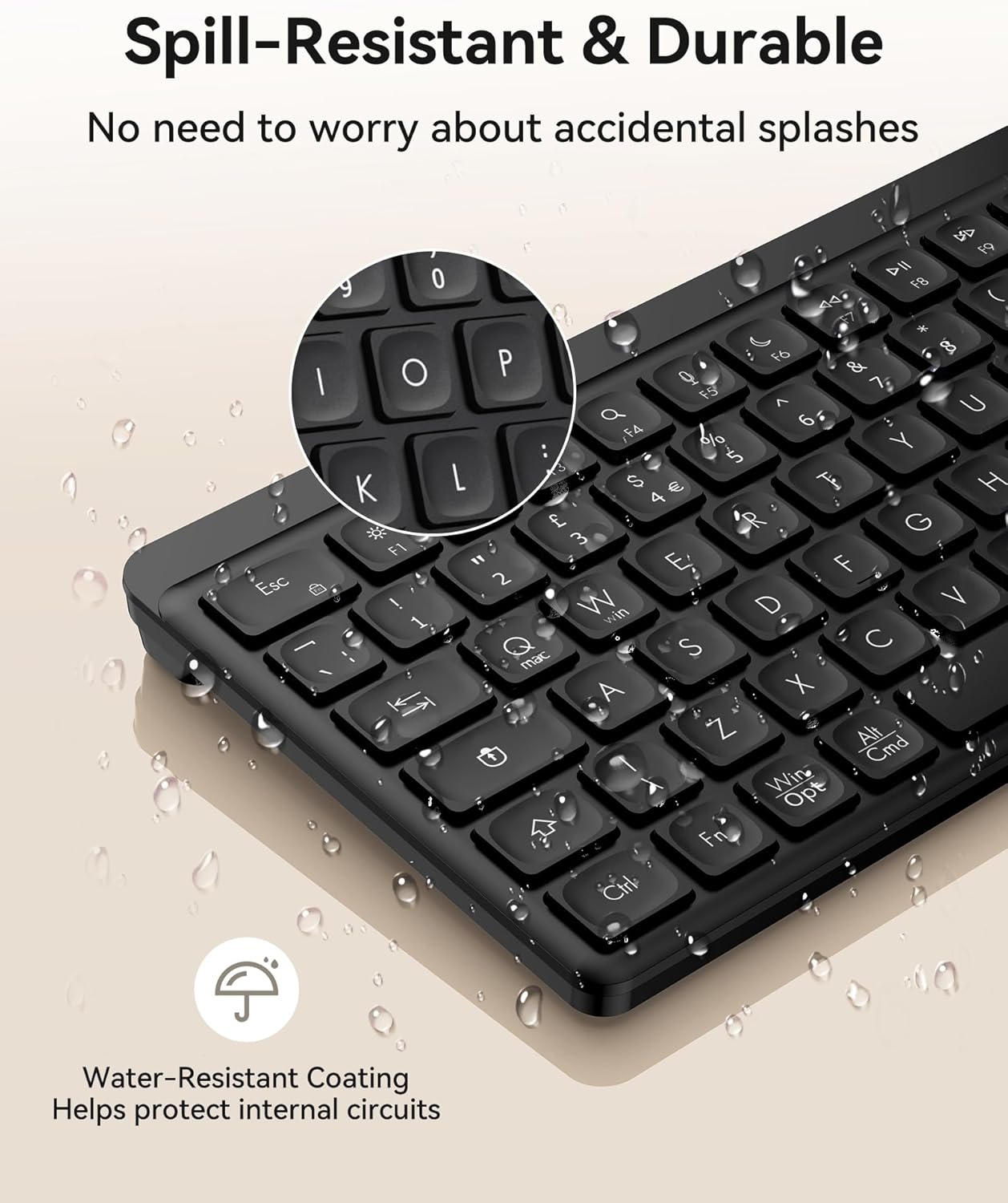 Detalle de TECKNET Silent Wireless Keyboard: UK layout, multi‑device connect (2.4GHz + Bluetooth) with ergonomic design