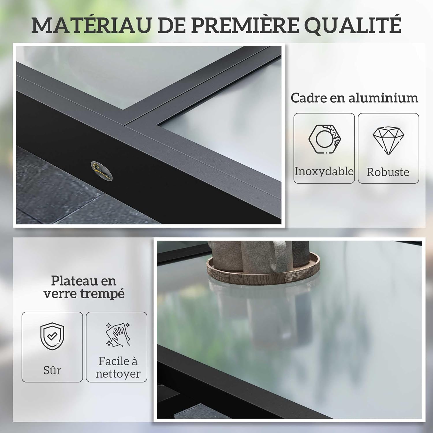 Detalle de Outsunny table de jardin extensible grande taille avec plateau en verre trempé foncé (160 x 80 x 75 cm)