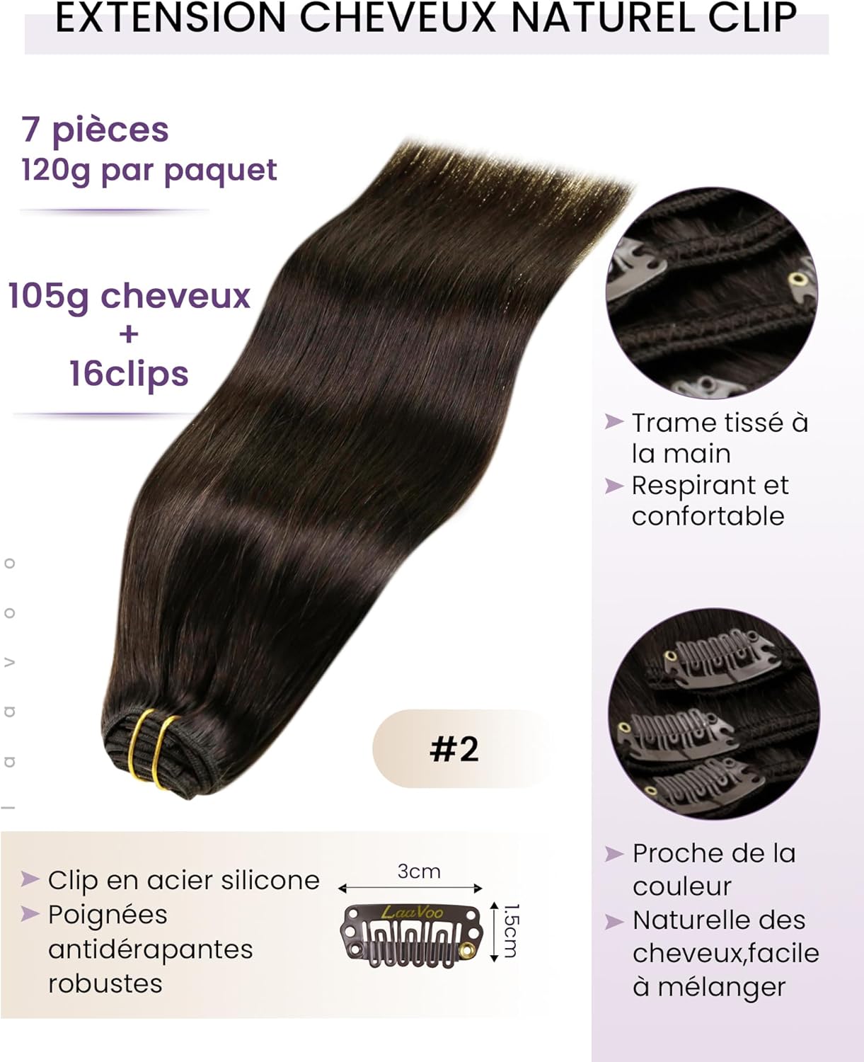Thumbnail 1 de LaaVoo Extension clip cheveux naturels marron foncé double trame – 40 cm (7 pièces, 120 g) – Remy