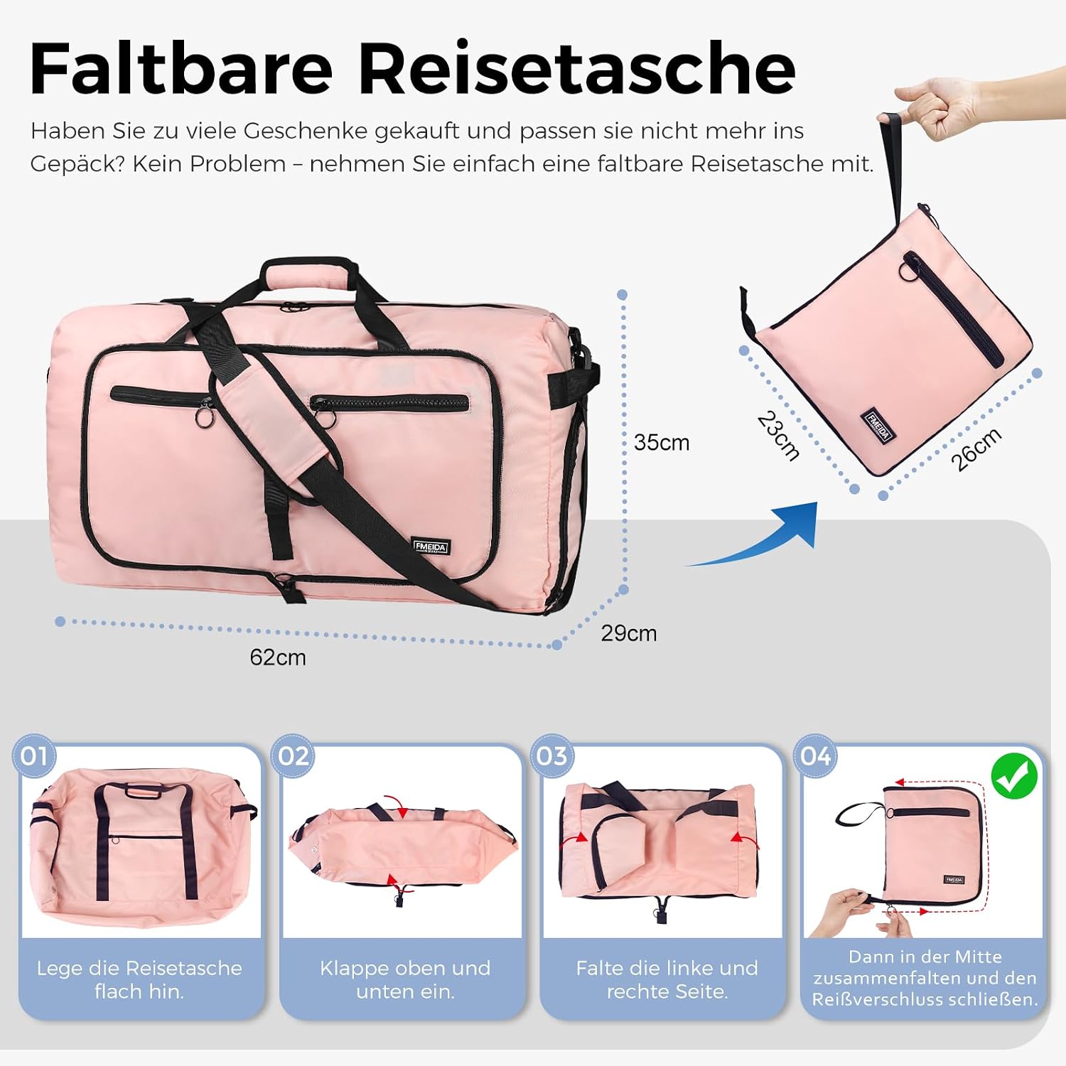 Detalle de Fmeida Saunatasche Damen große Reisetasche faltbar mit Schuhfach, wasserdicht – Weekender- & Handgepäck-Tasche (hellpink)