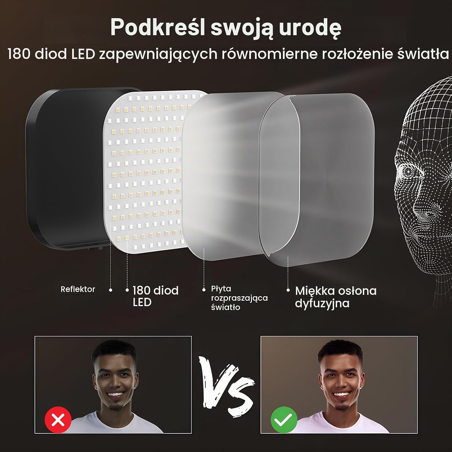 Detalle de Mojimdo ZLC1801-BK – lampa wideo 180 LED z uchwytem na telefon