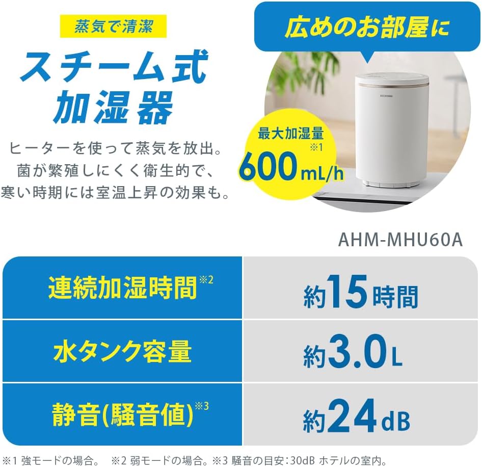 Detalle de アイリスオーヤマ AHM-MHU60A-W スチーム式加湿器 600ml/h・3Lタンク・上から給水