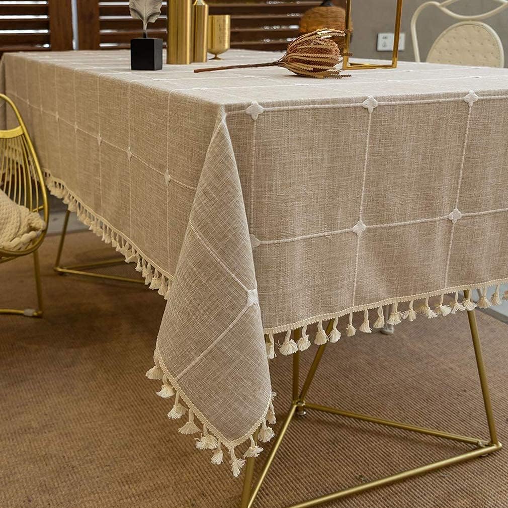 Thumbnail 6 de Pahajim Tischdecke Abwaschbar Baumwolle Leinen – Rechteckig 140 x 220 cm mit Quasten, Beige Gitter