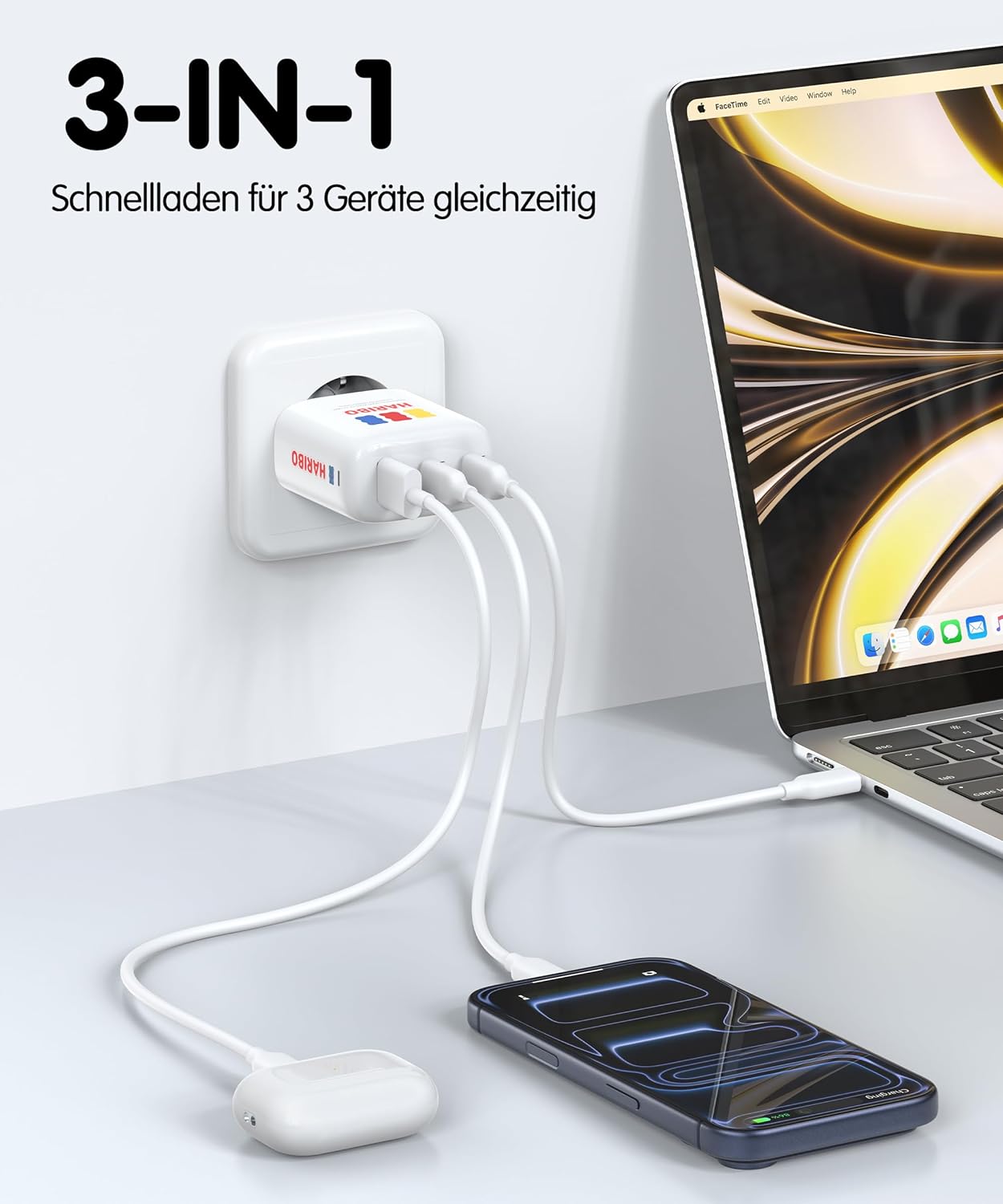 Detalle de HARIBO 65W USB-C Ladegerät mit drei Ports – GaN Schnellladegerät für MacBook, iPhone, Galaxy & mehr (blau)