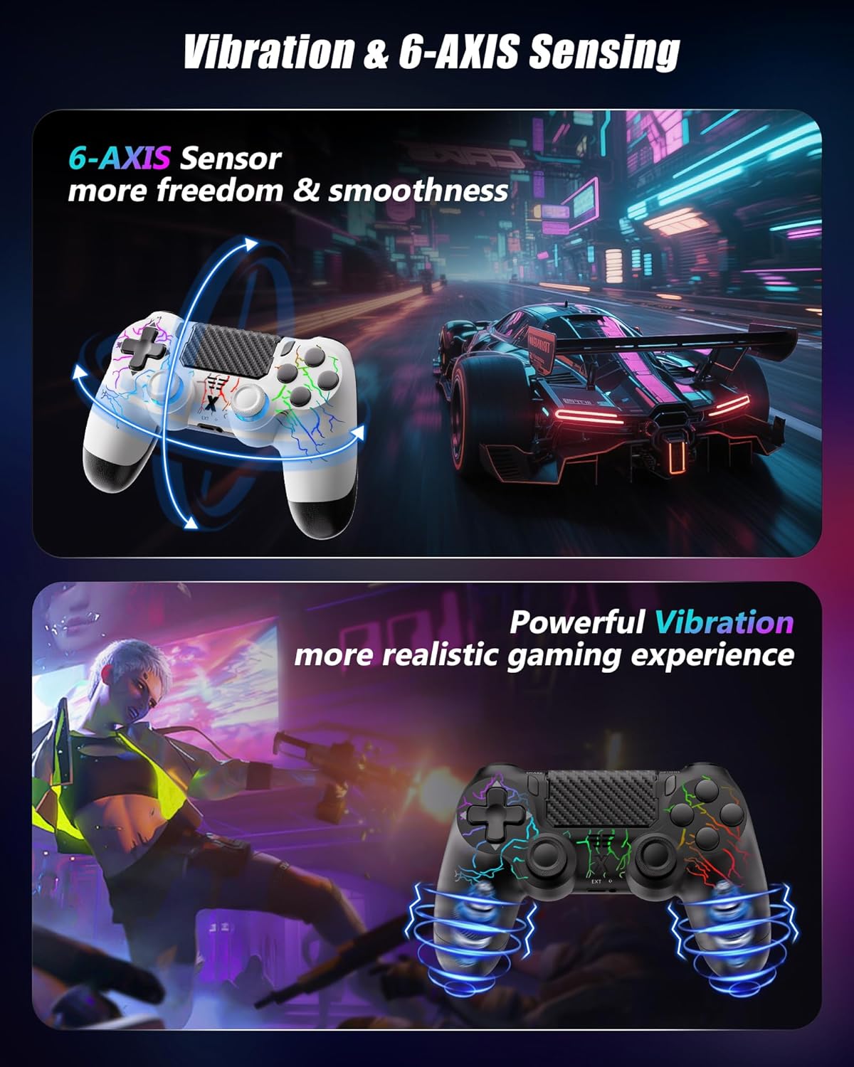 Thumbnail 3 de RUIZHI Controller LED Wireless per PS4 (PS4/Pro/Slim) e PC, 2 pezzi con batteria 1000 mAh e cavo USB‑C, nero e bianco