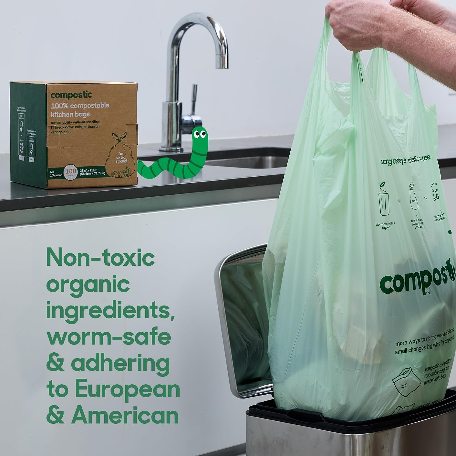 Thumbnail 2 de Compostic Compostable Trash Bags, 13 Gallon Tall Kitchen Starter Pack (50 Count) — Extra Strong, Home Compostable, Plant-Based, Unscented
