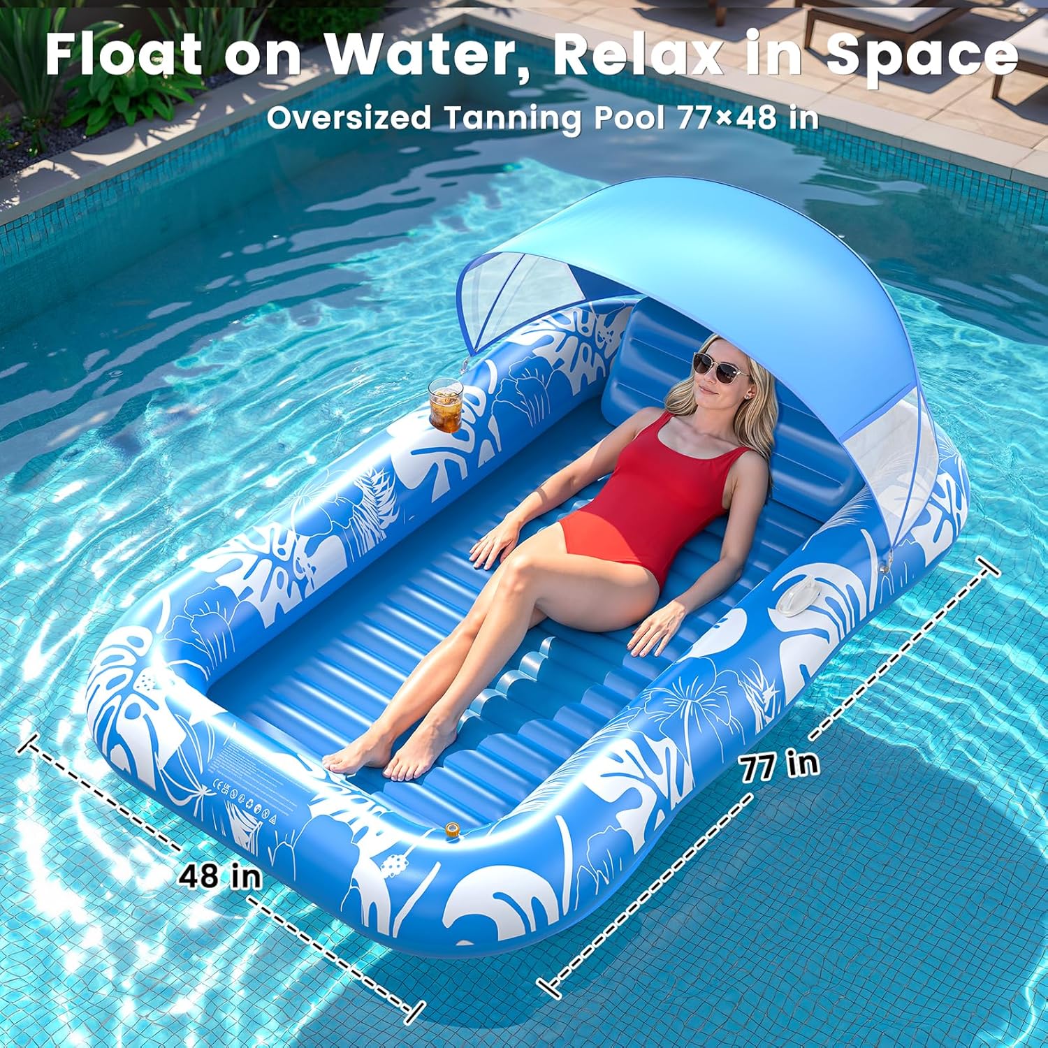 Thumbnail 5 de Inflatable Tanning Pool Lounger Float with Canopy & Sprinkler UPF50+ (77" x 48")