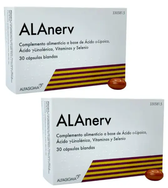 Detalle de Alfasigma ALAnerv 2 x 30 Cápsulas: coadyuvante antioxidante con gamma-linolénico y ácido alfa-lipoico