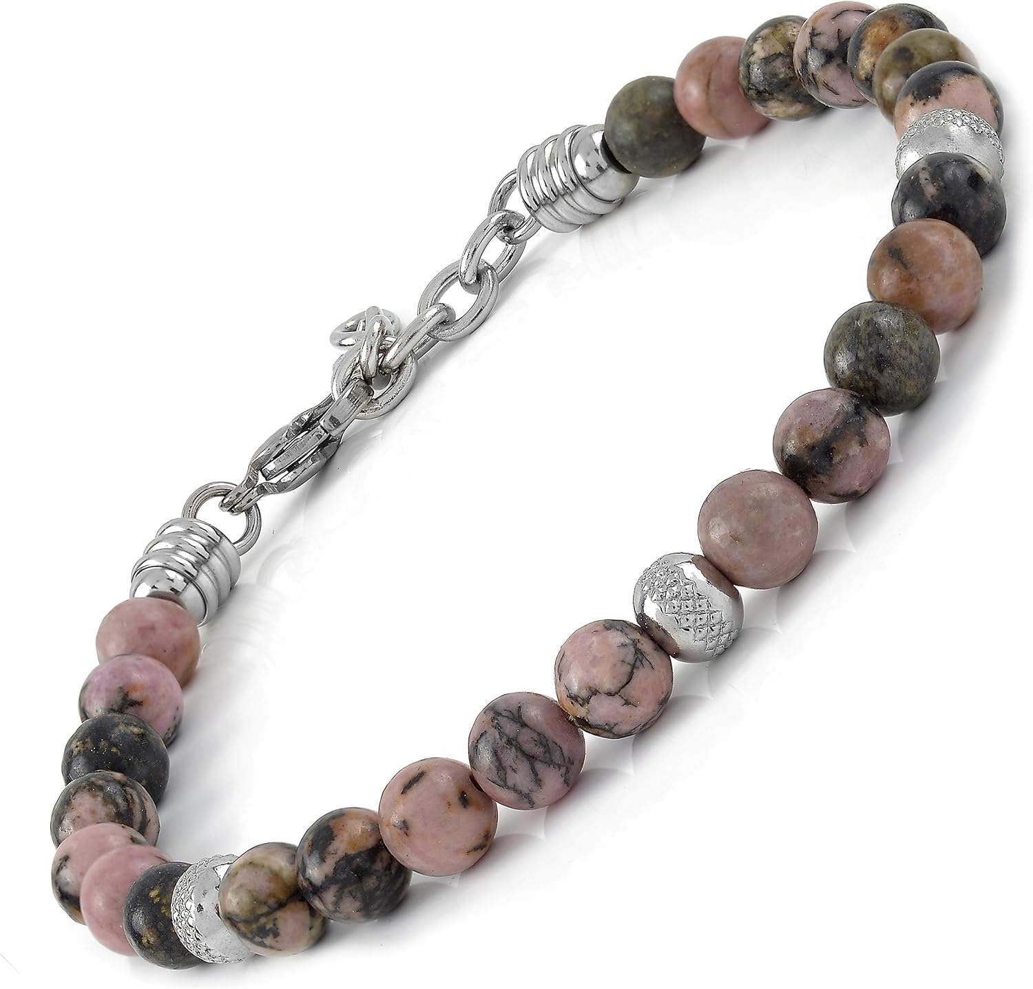 Detalle de Bracciale Uomo Donna in Acciaio Inox con Rodonite Naturale – Stile Minimal e Made in Italy