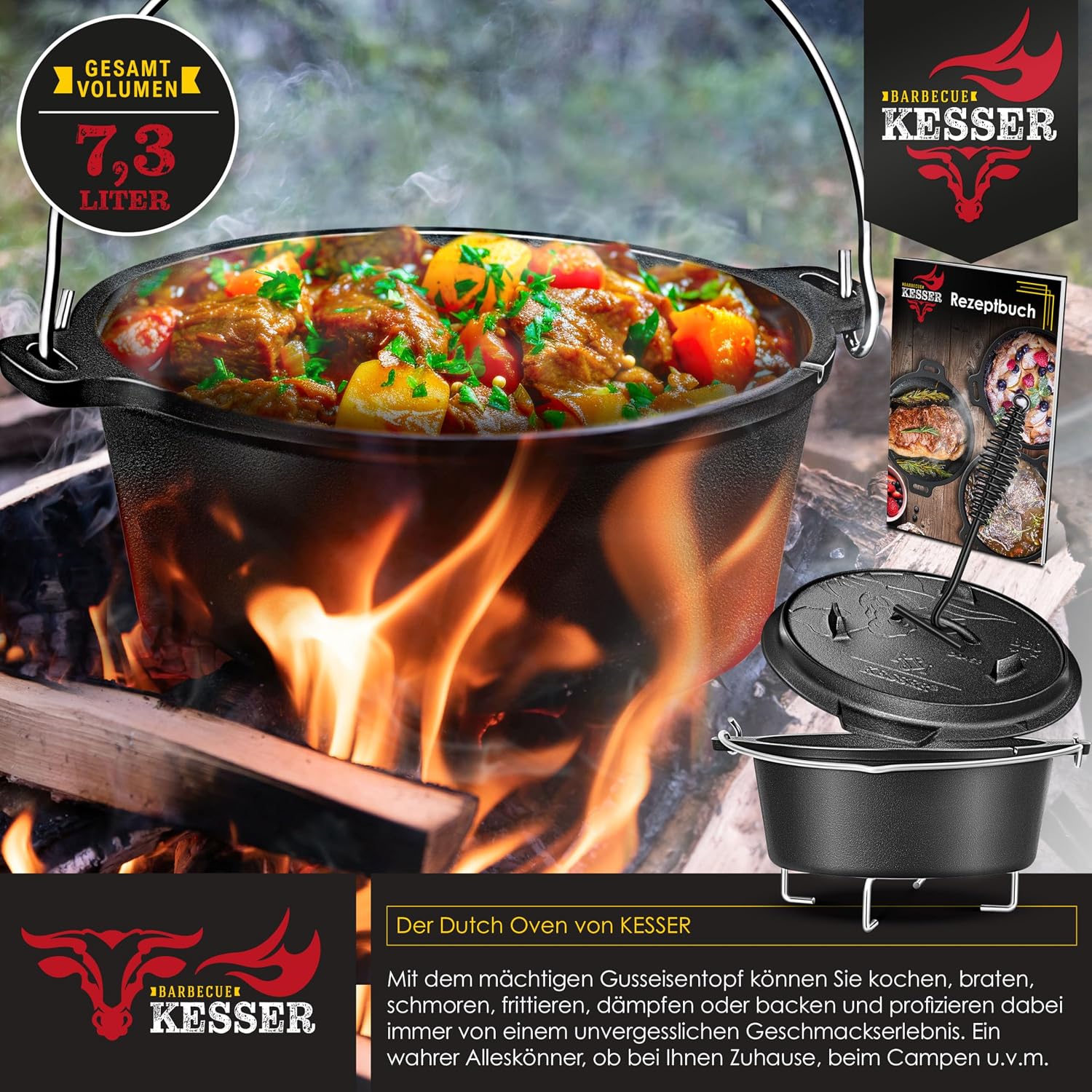 Detalle de KESSER® Dutch Oven Set BBQ 7,3 Liter – Schmortopf & Feuertopf aus Gusseisen mit Edelstahleruntersetzer