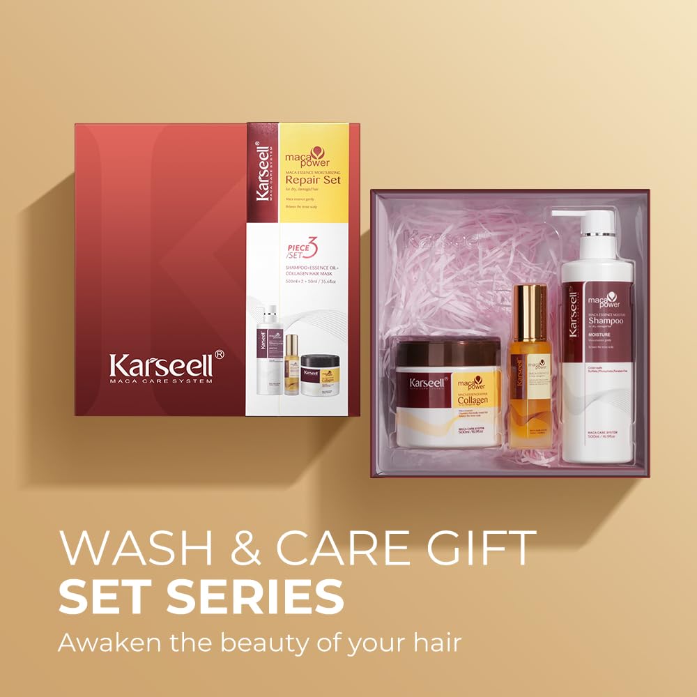 Detalle 2 de Karseell Kollagen Haarpflege-Set: Haarmaske, Shampoo & Haaröl für trockenes, geschädigtes Haar (2 x 500 ml + 50 ml)