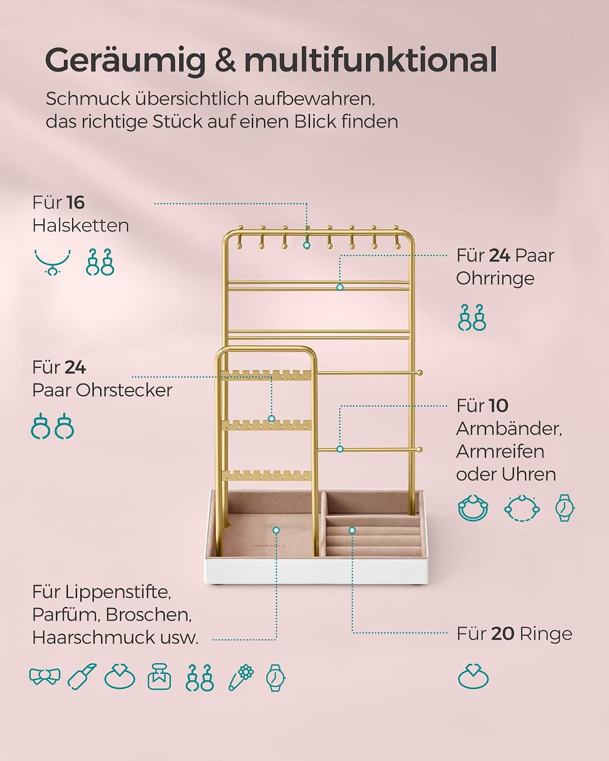 Detalle de SONGMICS Schmuckständer JJS021A01 mit Samtboden und Metallrahmen – für Ketten, Armbänder, Ohrringe & Ringe in goldfarben
