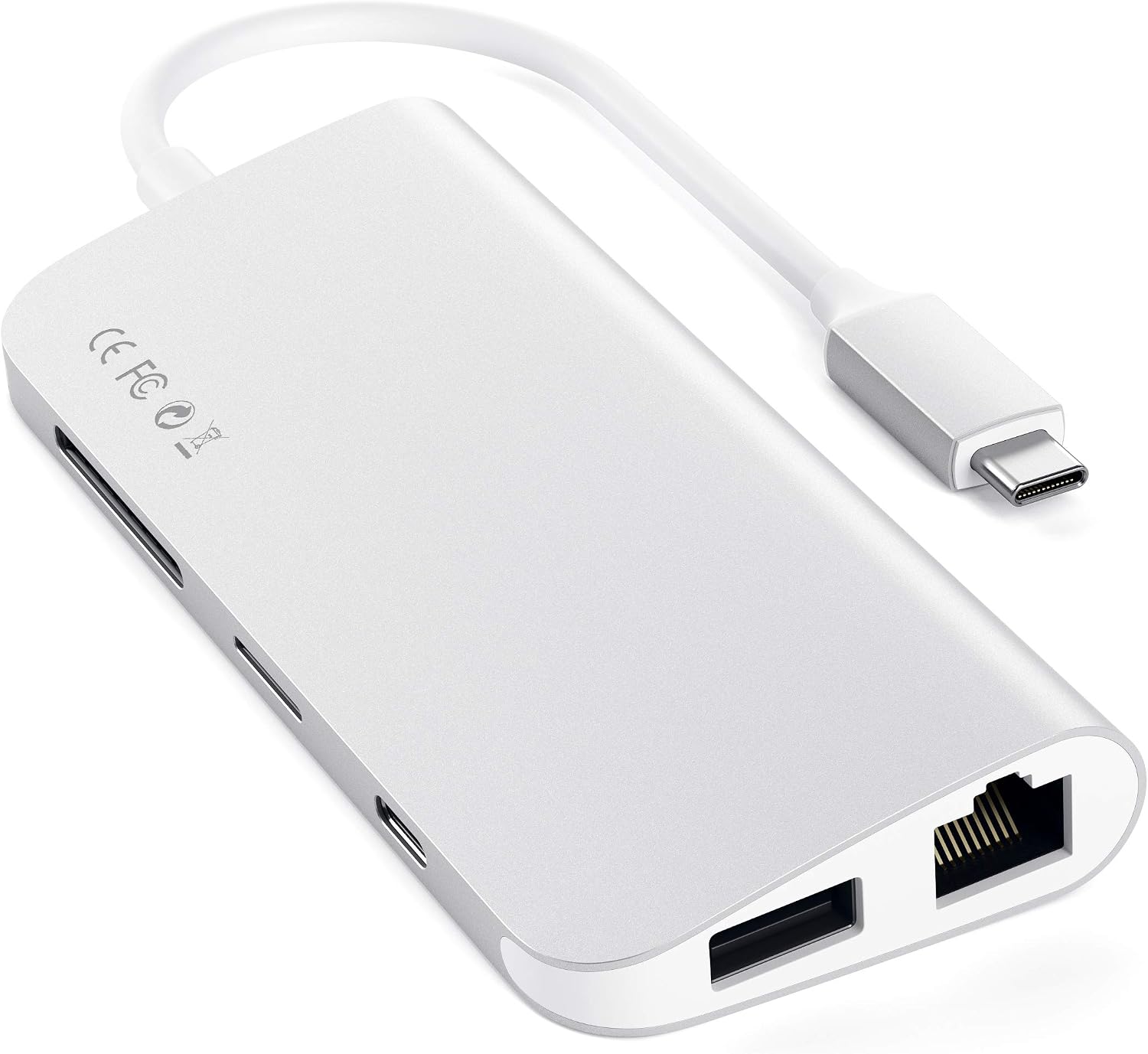 Detalle de SATECHI Hub USB-C con HDMI 4K, Mini DisplayPort, Ethernet e USB 3.0 (PD fino a 60W) in alluminio argento