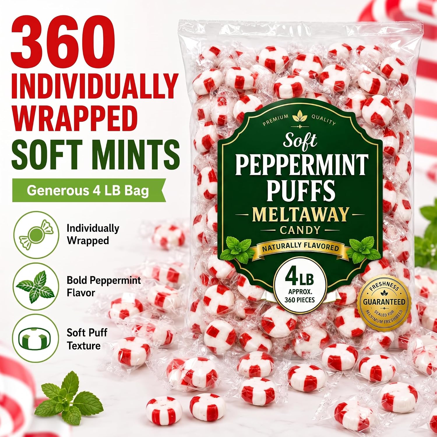 Detalle 2 de Jumblet Soft Peppermint Puffs, 360 Individually Wrapped Mints, 4 lb Bag