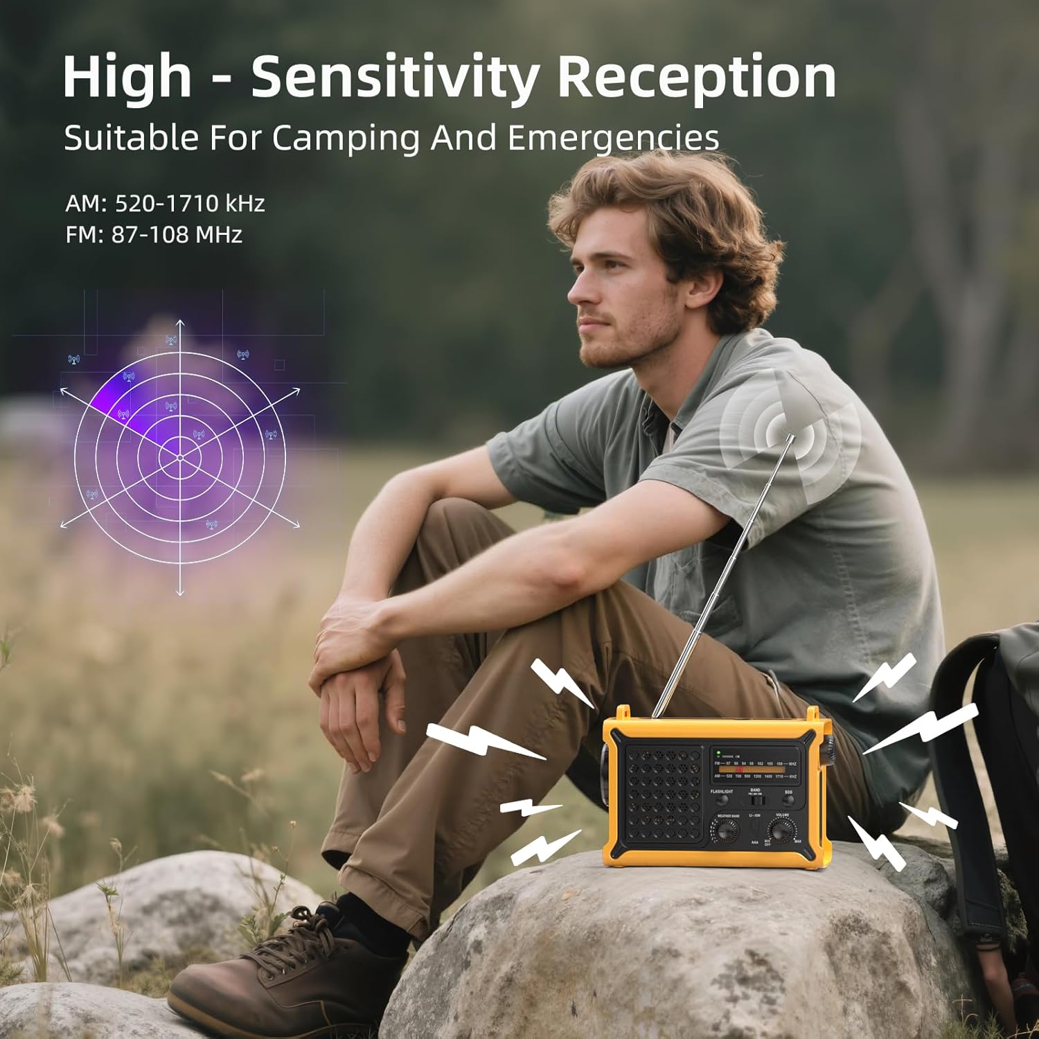 Detalle de Radio Dynamo portable solaire AM/FM avec 12000 mAh – lampe torche, SOS et alimentation d’appoint