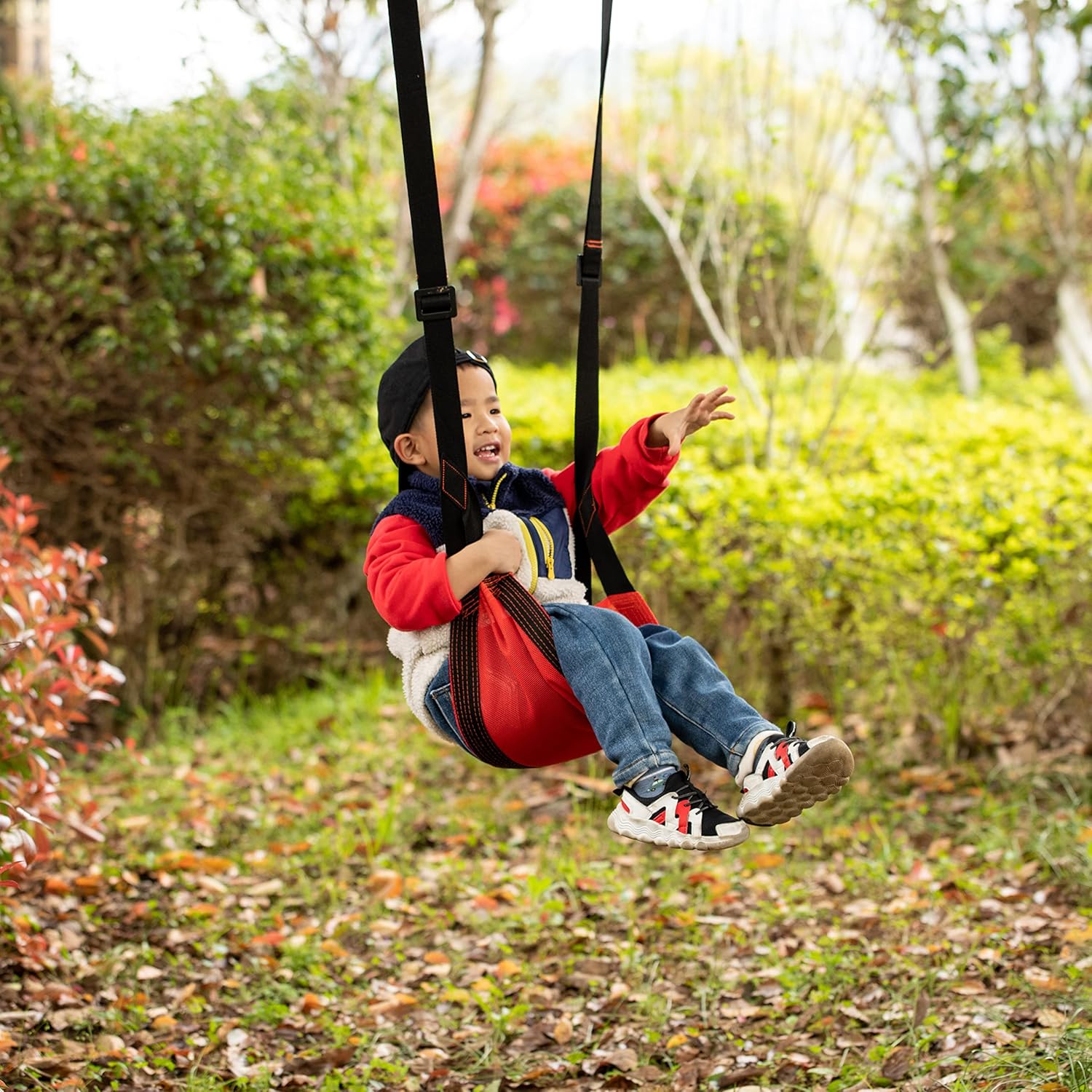 Detalle de Kids Mesh Tree Swing with Adjustable Strap (Red) – Indoor/Outdoor Patio Playground Fun