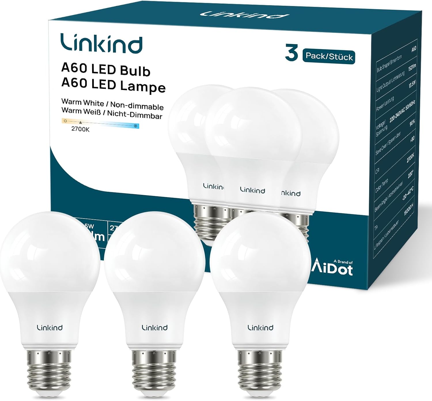 Detalle de Linkind 8W E27 LED-Lampe Warmweiß 2700K, 806 lm – 3er-Set (ersetzt 60W), nicht dimmbar