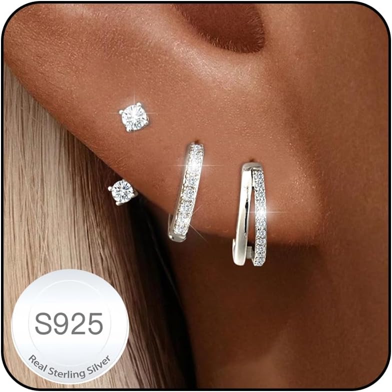 Detalle de ESPVO Sterling Silver Hoops Earrings Set for Women – Hypoallergenic S925 5 Styles