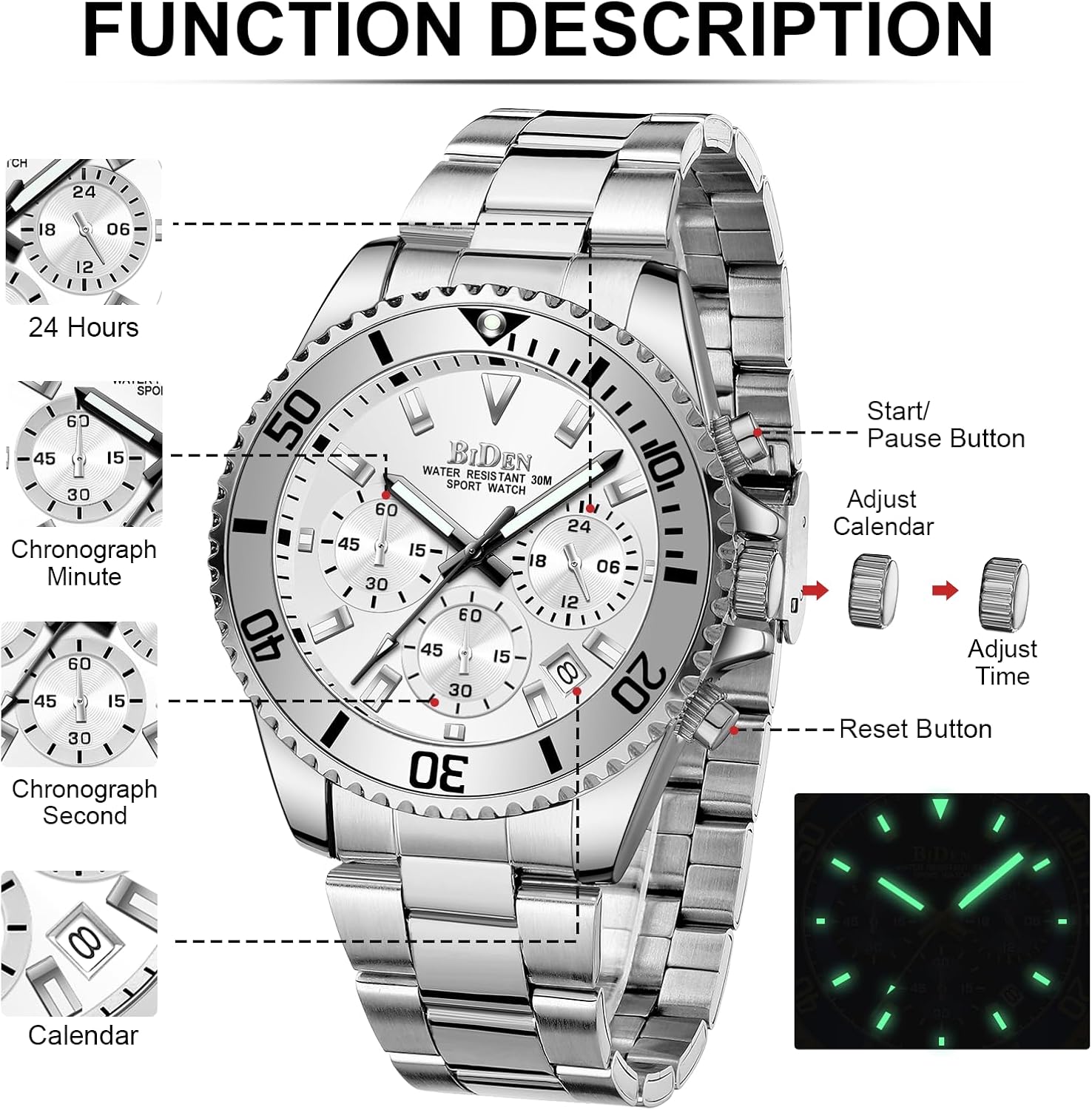 Thumbnail 5 de HANPOSH Herren Chronograph Uhr mit Datum – Quarz, Edelstahl, wasserdicht (30 ATM)