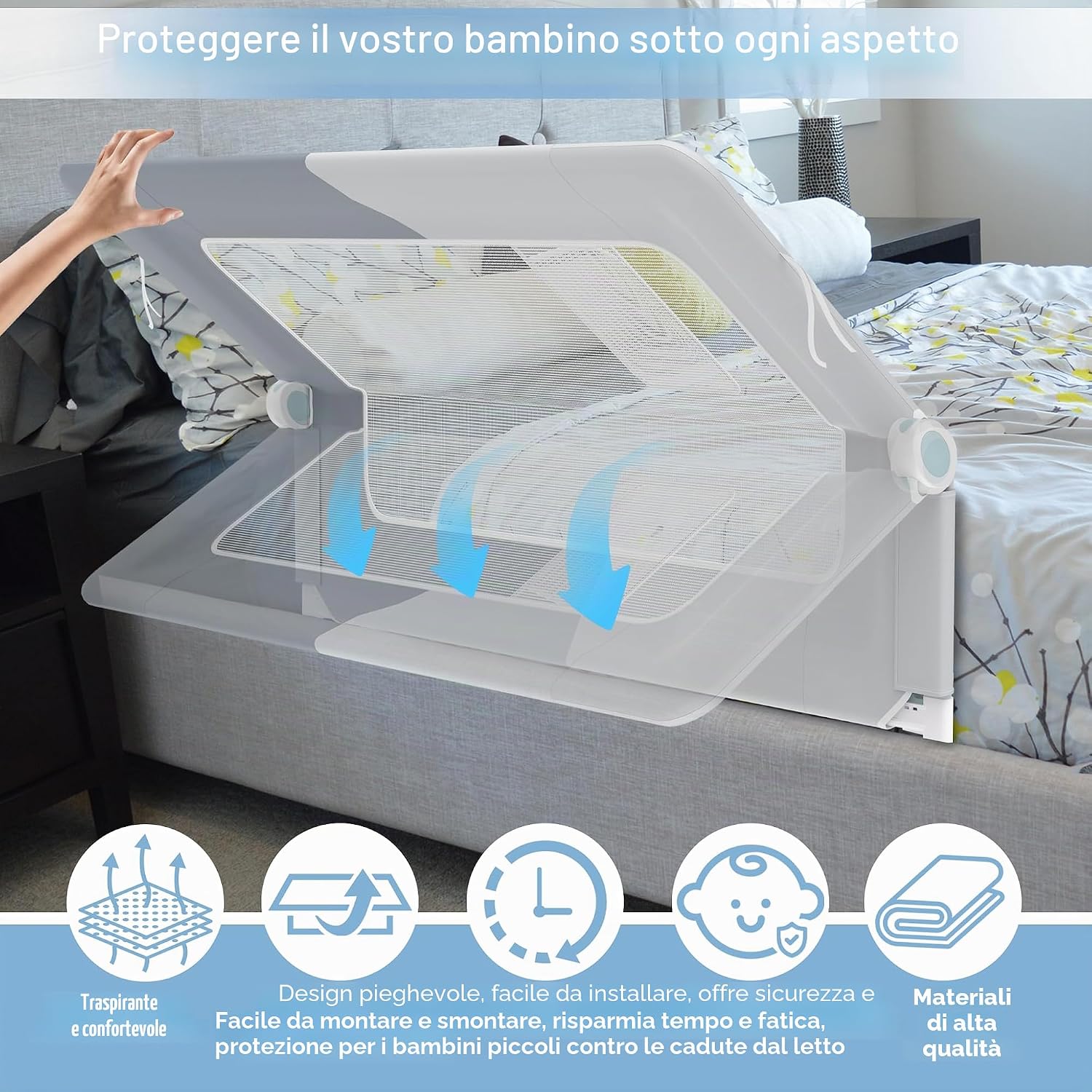 Thumbnail 5 de LZQ Zanzariera per letto per bambini, pieghevole e regolabile 72–86 cm di altezza (180 cm) - protezione anti-caduta universale