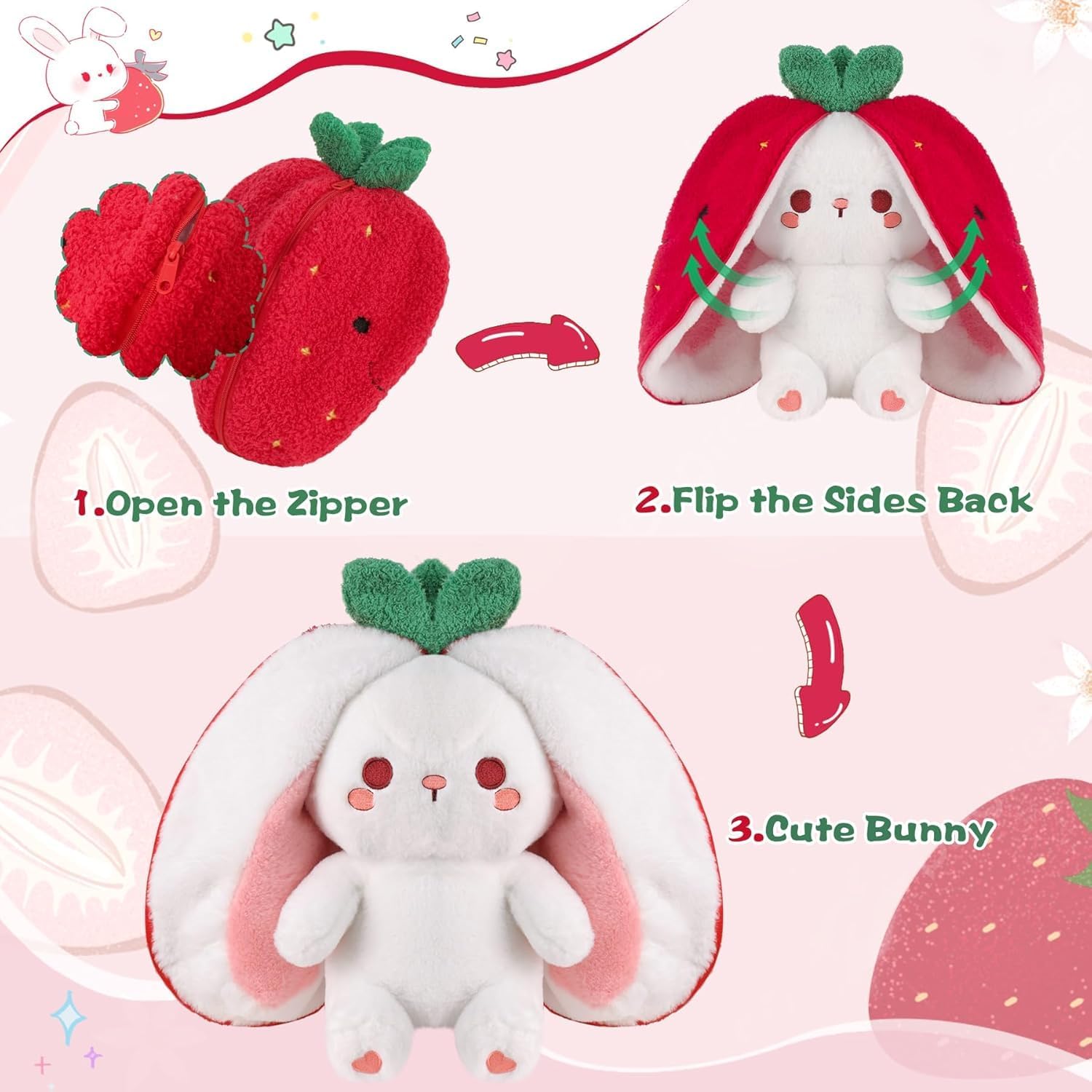 Detalle de seOSTO Easter Strawberry Bunny Plush (7 inch / 18cm) reversible rabbit with zipper