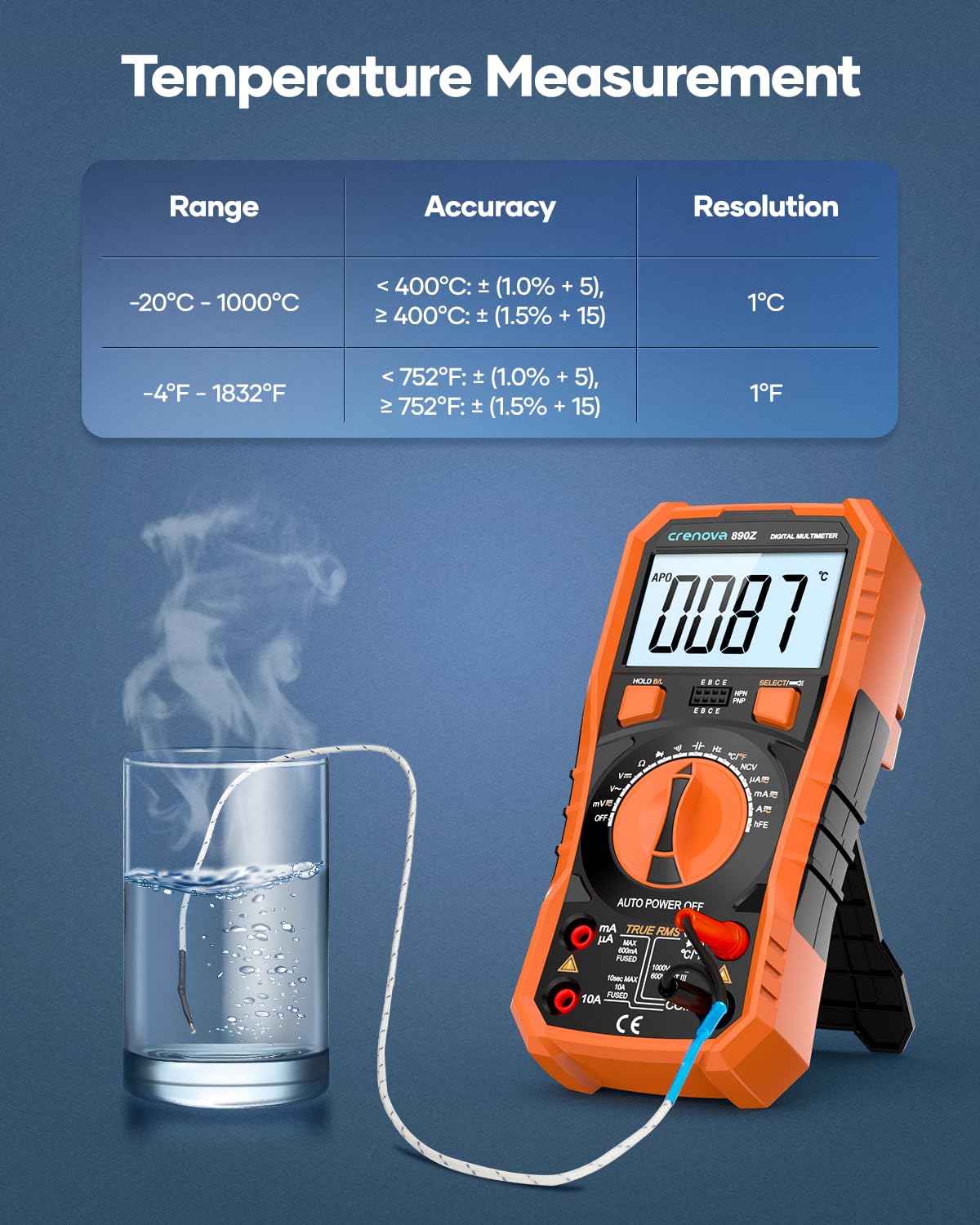 Thumbnail 6 de Crenova Digital Multimeter 890Z (Orange) – 6000 counts TRMS auto-ranging multimeter with probes