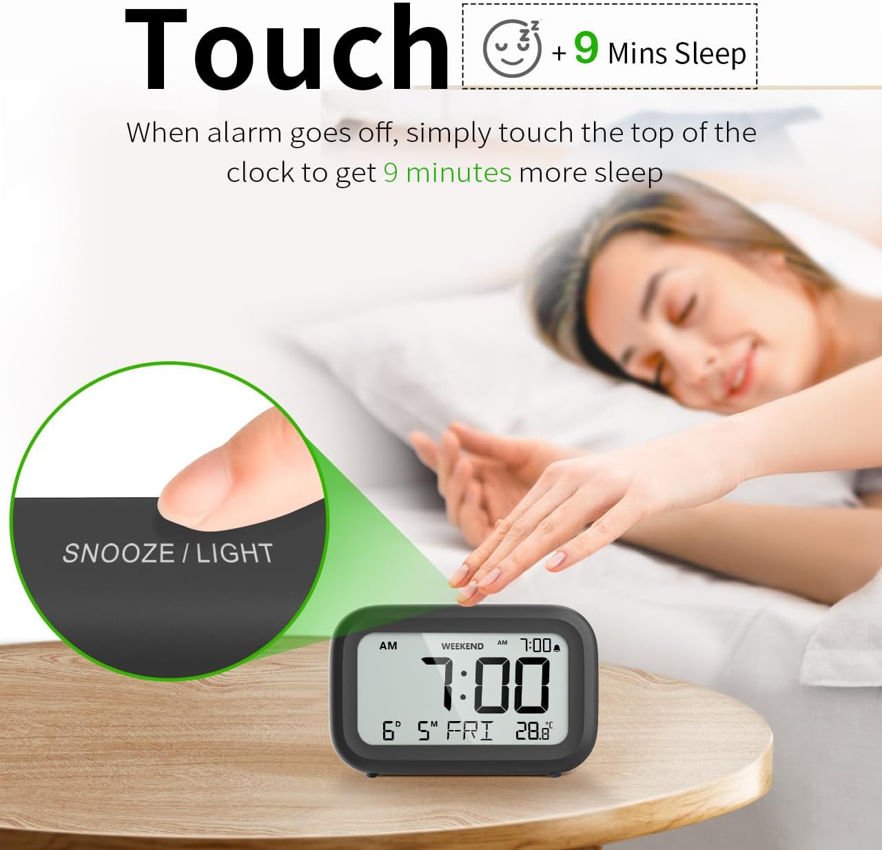 Thumbnail 3 de DOOMAY Digital Alarm Clock Bedside – Battery-Powered, LCD Display with Snooze and Weekend Mode