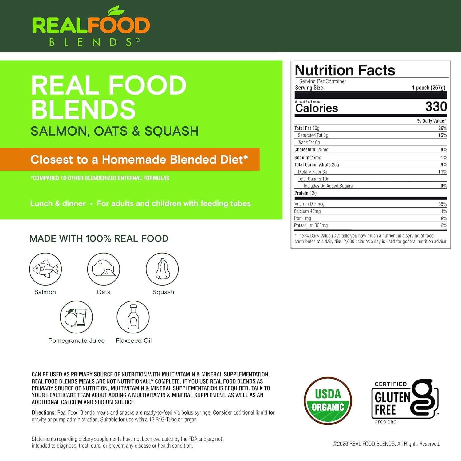 Thumbnail 1 de Real Food Blends 176987 Salmon, Oats & Squash Tube Feeding Meal, 330 Calories, 12-Pack