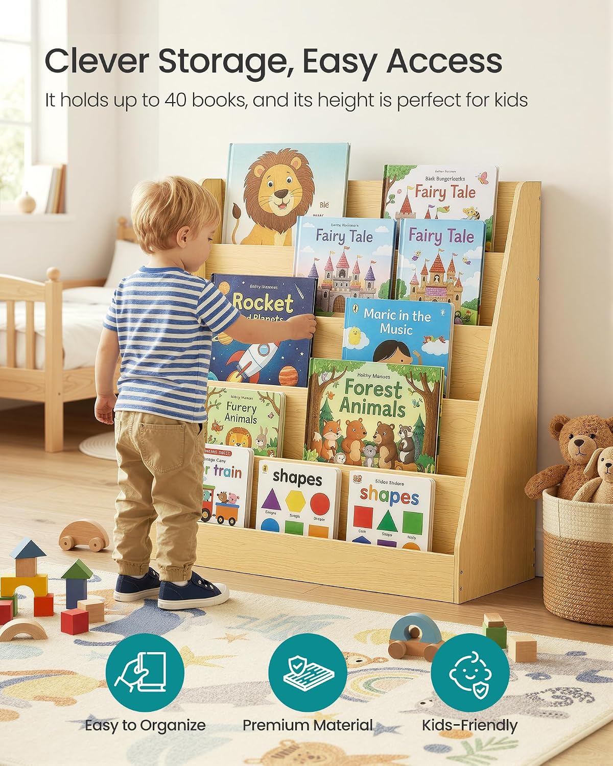 Detalle 2 de SONGMICS UGKR076YZ01 Kids Bookcase, 5-Tier Front-Facing Shelves, Yellow
