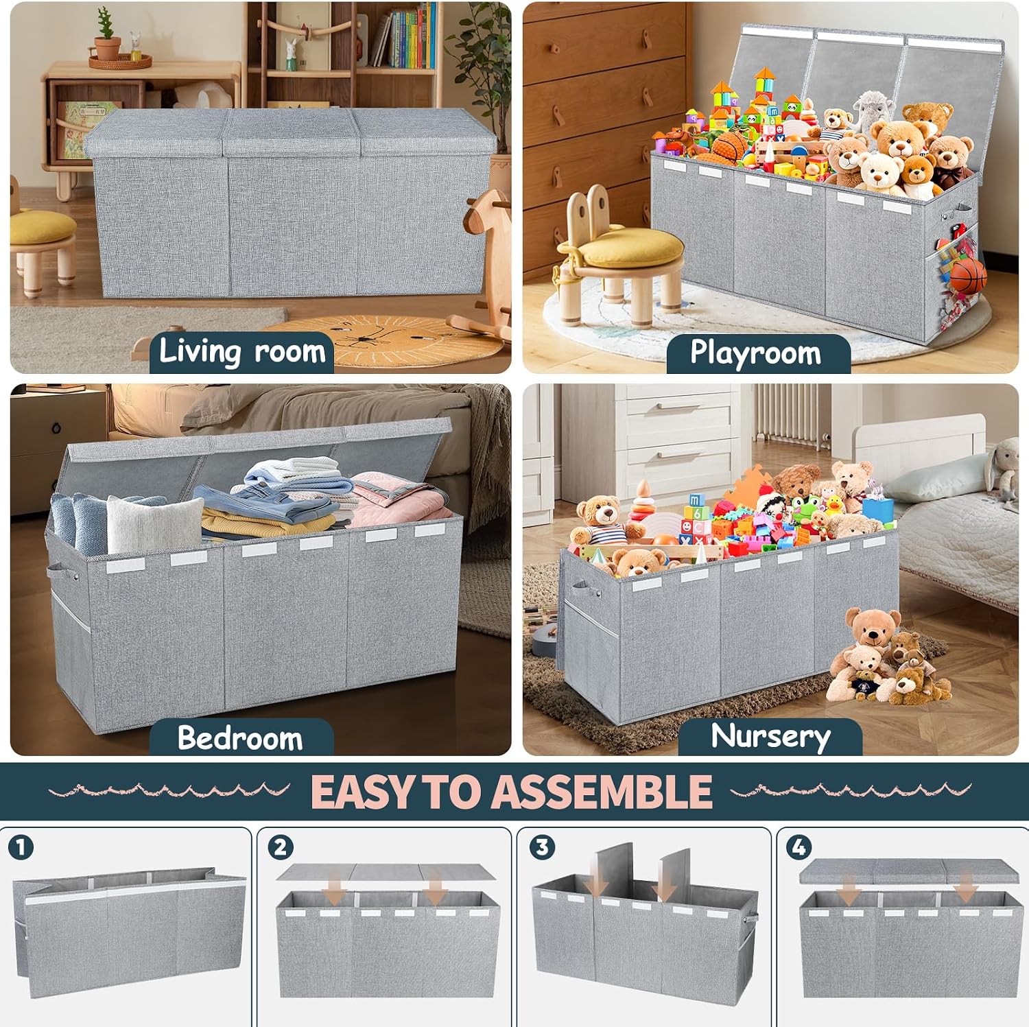 Thumbnail 5 de Rocamdo 663942 Toy Box, 38-Inch Collapsible Linen Bin with 3 Lids