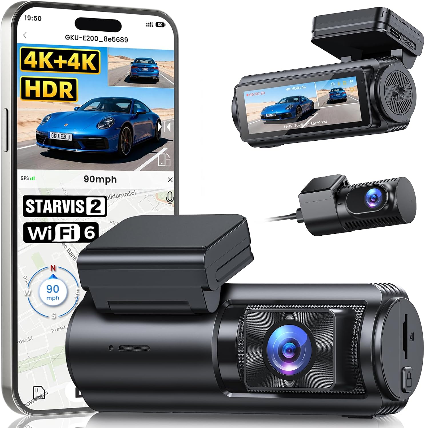 Detalle de GKU 4K+4K Front and Rear Dash Cam with STARVIS 2 IMX675, 5.8GHz WiFi 6, GPS & 24/7 Parking Mode (3" IPS, 128GB included)