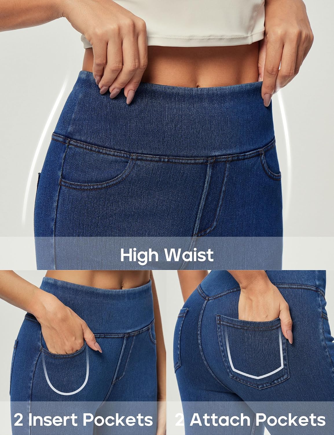 Detalle de Heathyoga Stretchy Jeans for Women High-Waist Pull-On Jeggings with Tummy Control and Pockets