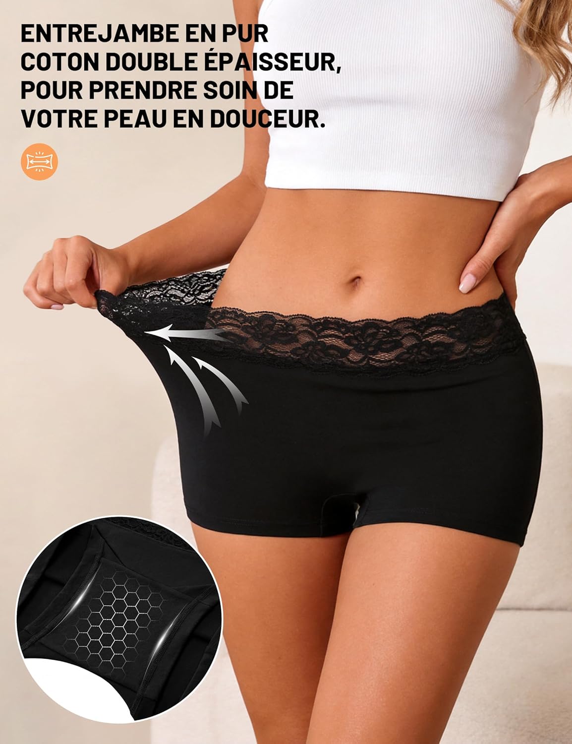 Detalle de Uniexcosm Shorty Dentelle Femme — Culotte coton, confort et élégance au quotidien
