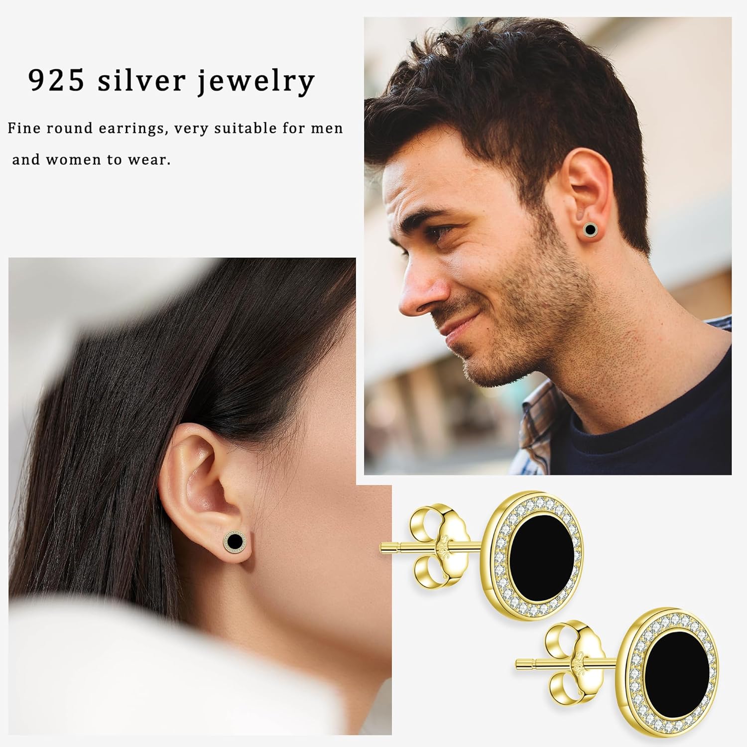 Detalle de Micory Schwarz Ohrringe Silber 925 mit Zirkonia – hypoallergene Ohrstecker