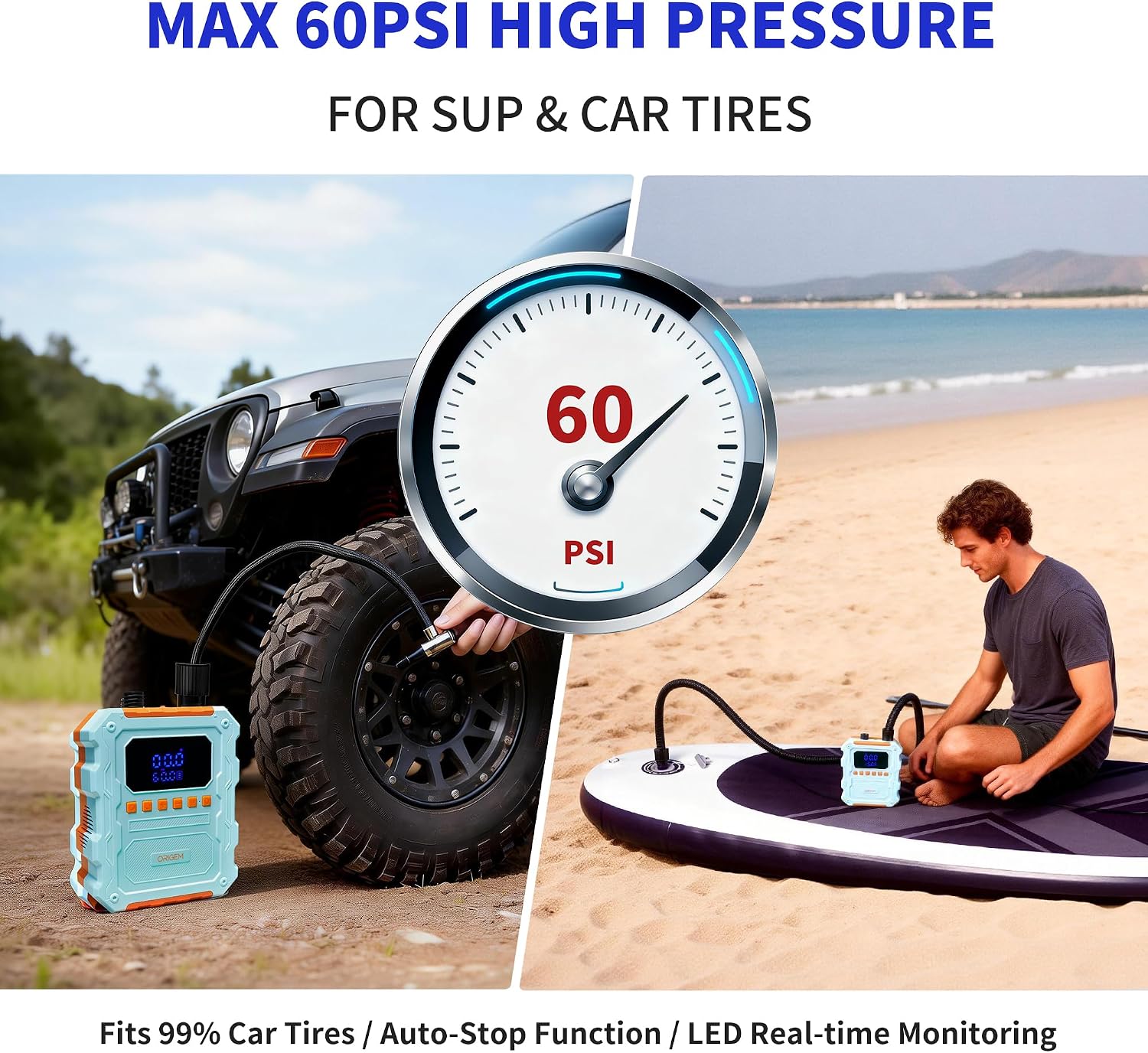 Detalle de Origem Electric Paddle Board Pump 60 PSI: Compact Power for SUPs, Tents, Cars and More