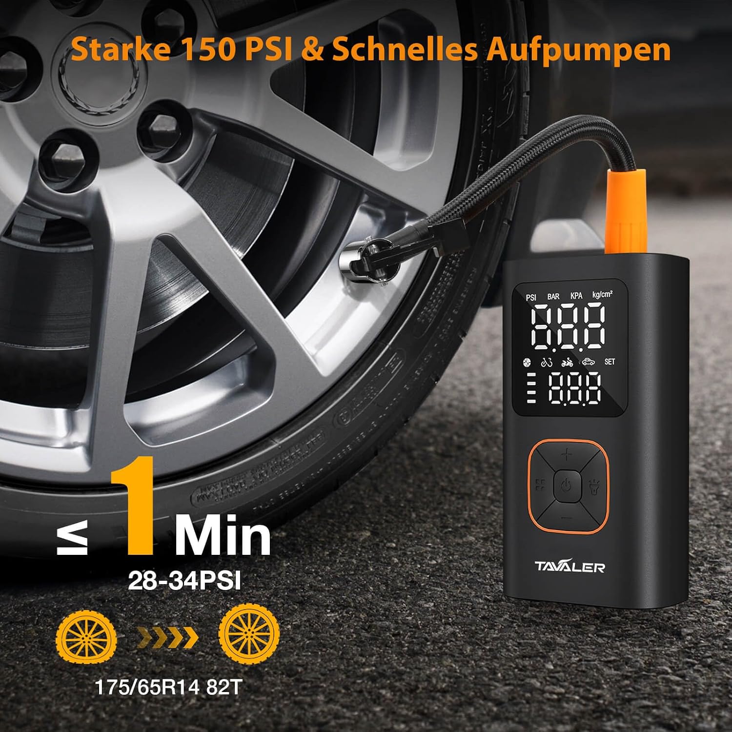 Thumbnail 3 de Tavaler kabellose 150 PSI Akku-Luftpumpe mit Speicherfunktion, Auto-Stop & LED-Licht – kompakt & vielseitig
