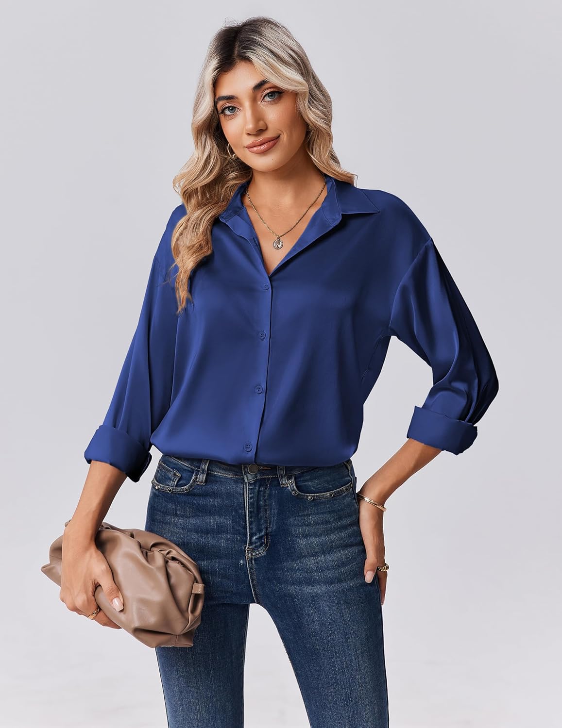 Detalle de Zeagoo Women's Satin Silk Button-Down Long Sleeve Shirt