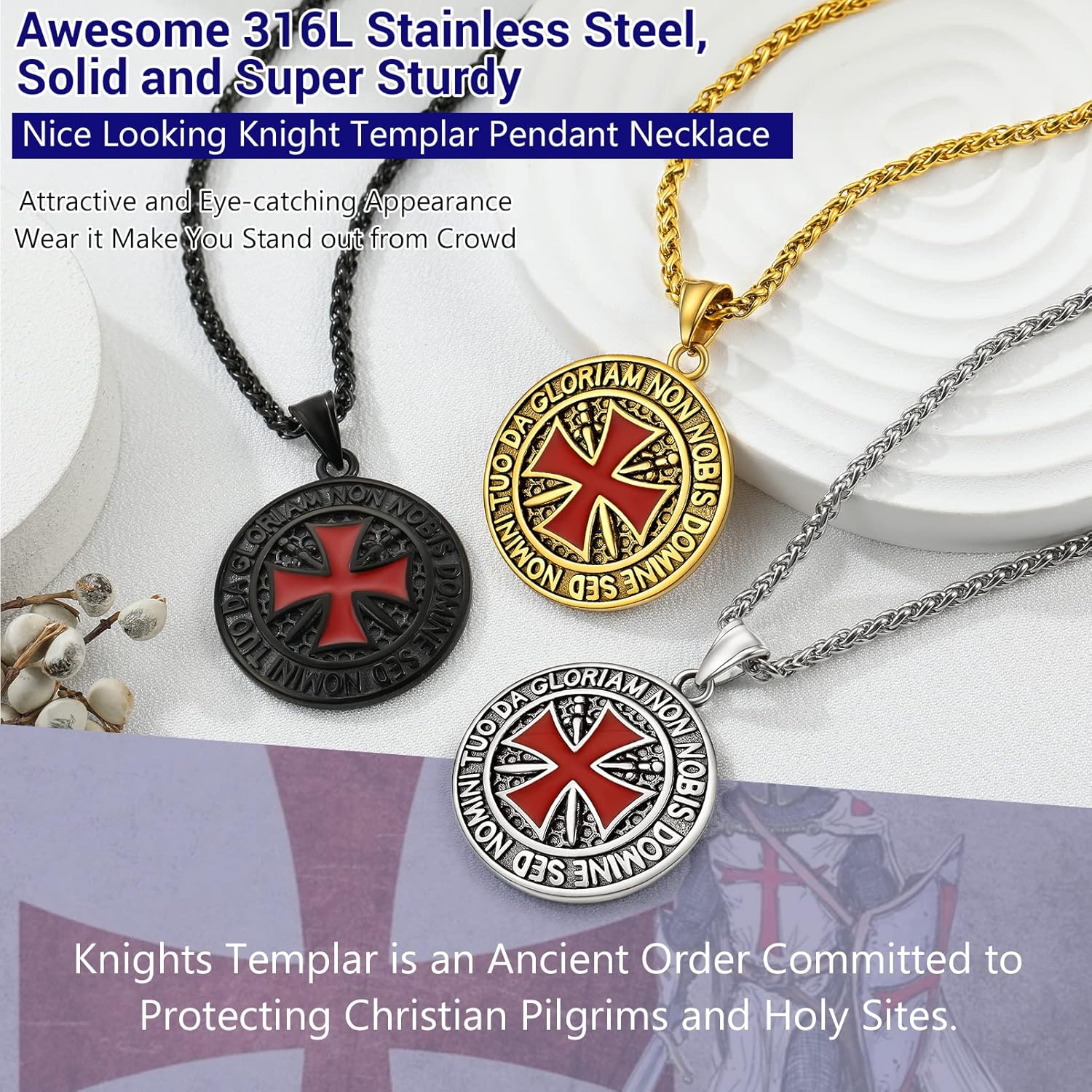 Thumbnail 5 de PROSTEEL Collier homme pendentif croix templière personnalisable en acier inoxydable 316L