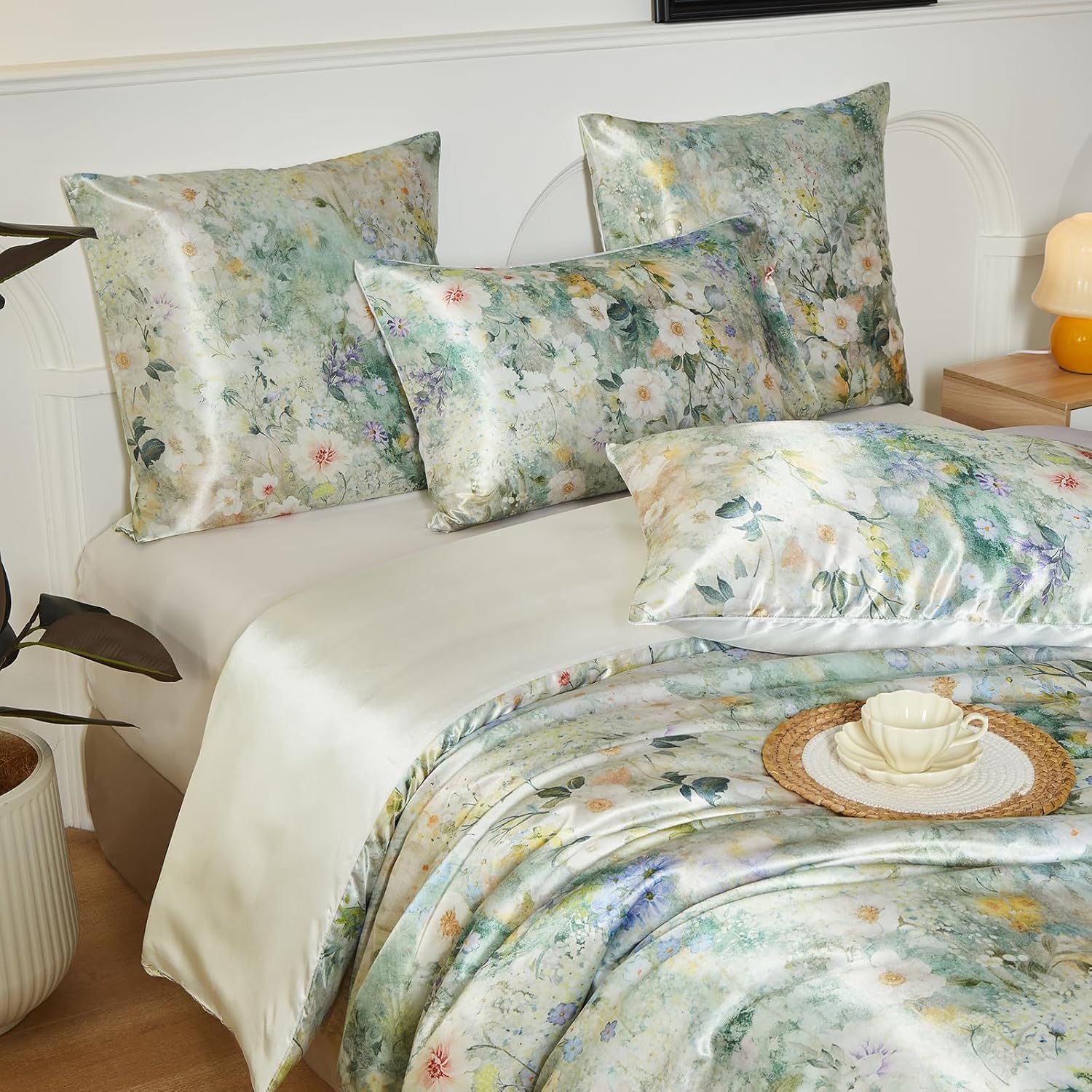 Thumbnail 3 de DuShow Green Floral Satin Duvet Cover Set, 3 Pieces (Double) – 200 x 200 cm