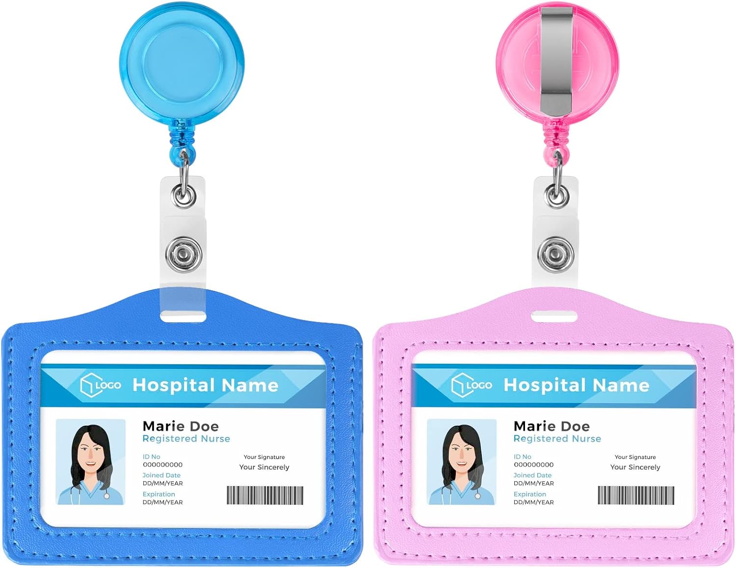 Detalle de Vicloon ID-korthållare i PU-läder med utdragbar rulle, ljusblå och rosa, 2-pack