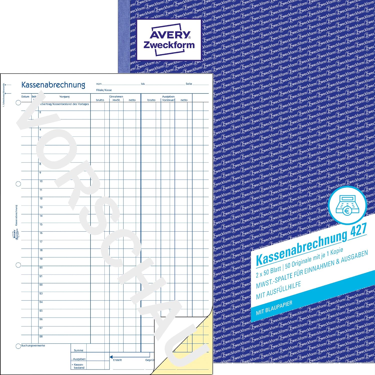 Detalle de AVERY Zweckform 427 Kassenabrechnung – Brutto-/Netto- und MwSt.-Aufschlüsselung (A4, 2x50 Blatt, Blaupapier, DE/AT)