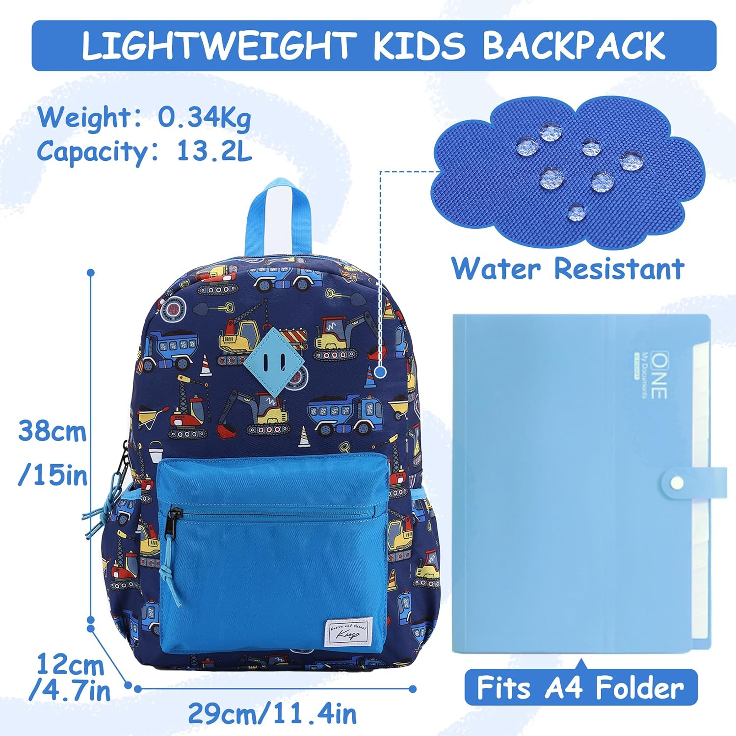Detalle de Kasgo Kids Backpack for Boys Girls (13L) – 29×12×38cm school bag with chest strap and water bottle holders