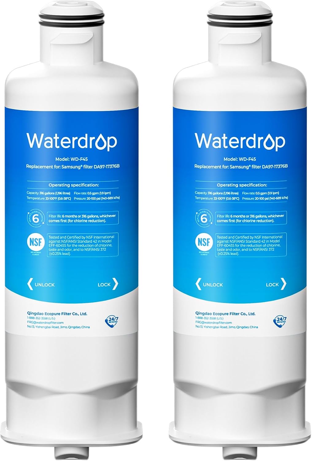 Detalle de Waterdrop WD-F45 Refrigerator Water Filter, 2-Pack, NSF 42 & 372