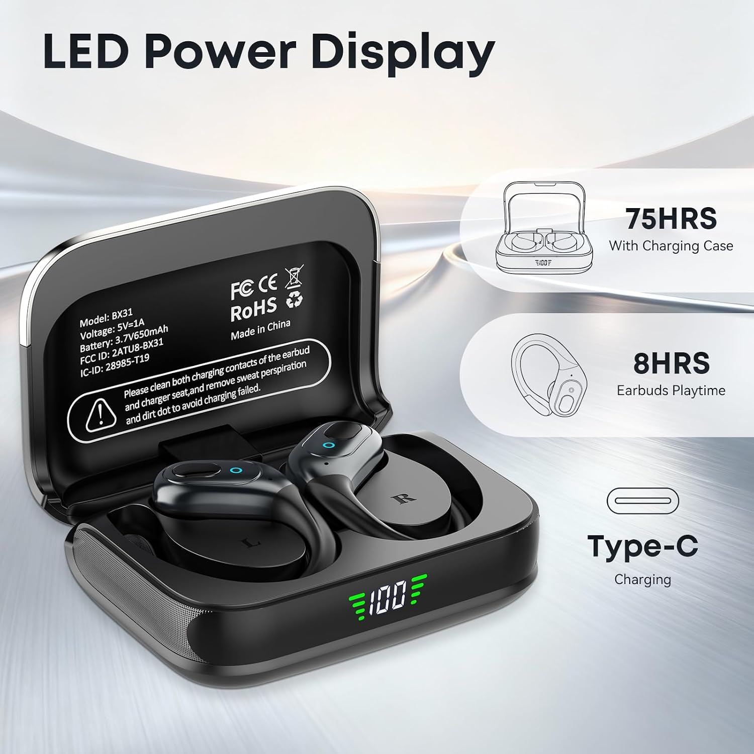 Detalle de HILDCROA BX31 Sports Wireless Earbuds, 75-Hour Playtime, LED Display, IPX7