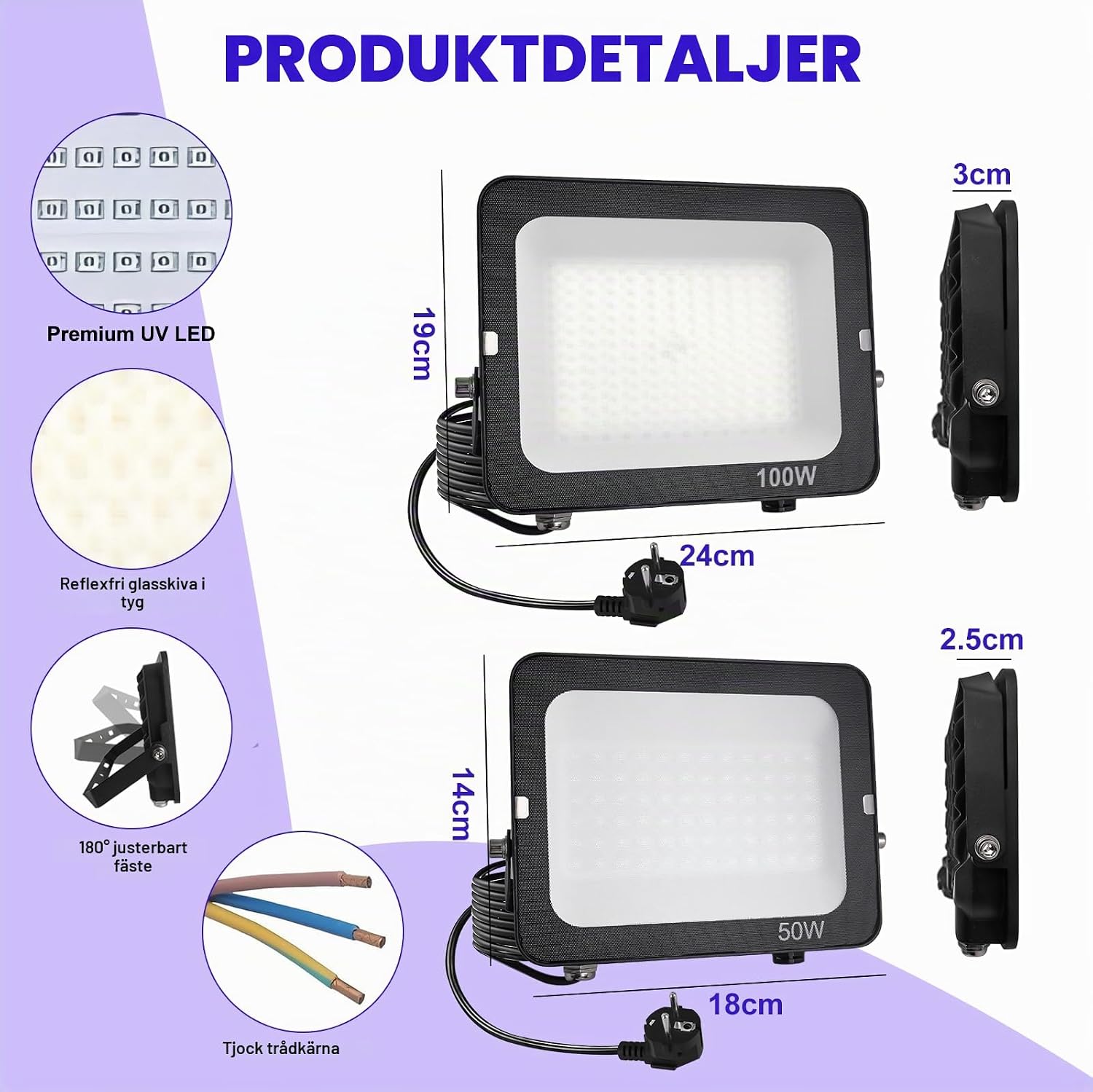 Detalle de Fosingut Lumiere UV 100w svartljusstrålkastare, 395–400 nm, 6-pack