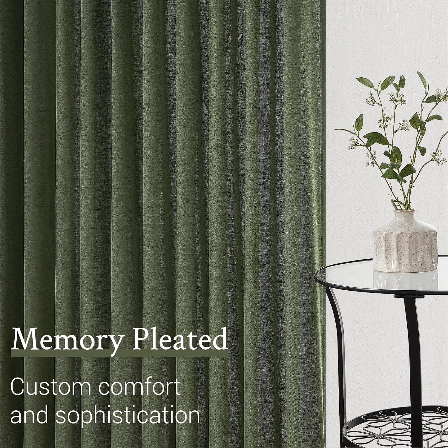 Detalle de Topfinel Pinch Pleated 63-Inch Olive Green Linen Curtains (2 Panels) for Track System