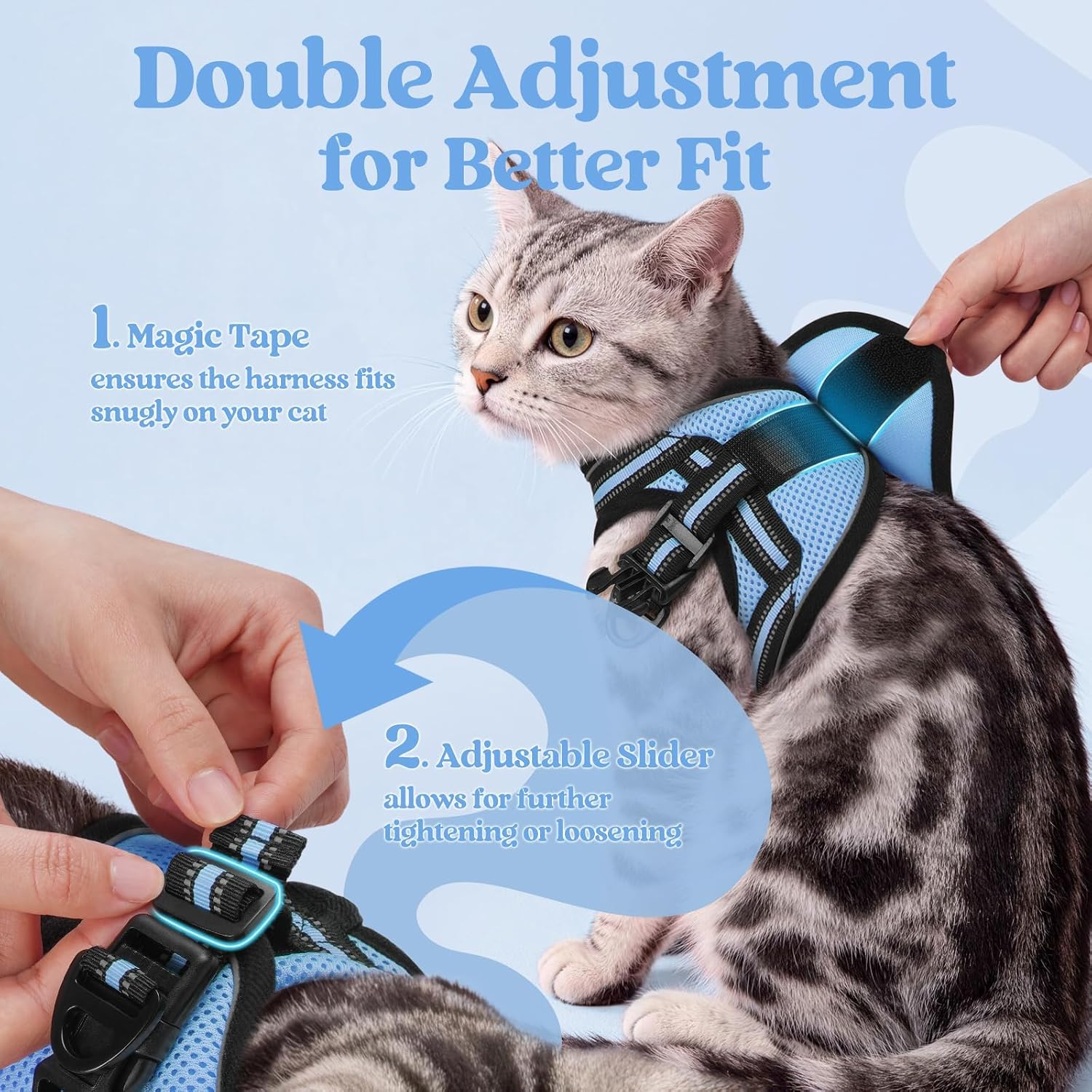 Detalle de Rabbitgoo Cat Harness and Lead Set — Escape-Proof Vest with Reflective Leash (Medium, Light Blue)