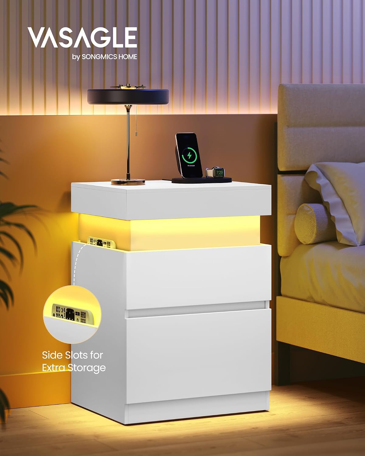 Detalle de VASAGLE ULET840WB03 KAILYN Nightstand with Sliding Lid, Charging and LEDs