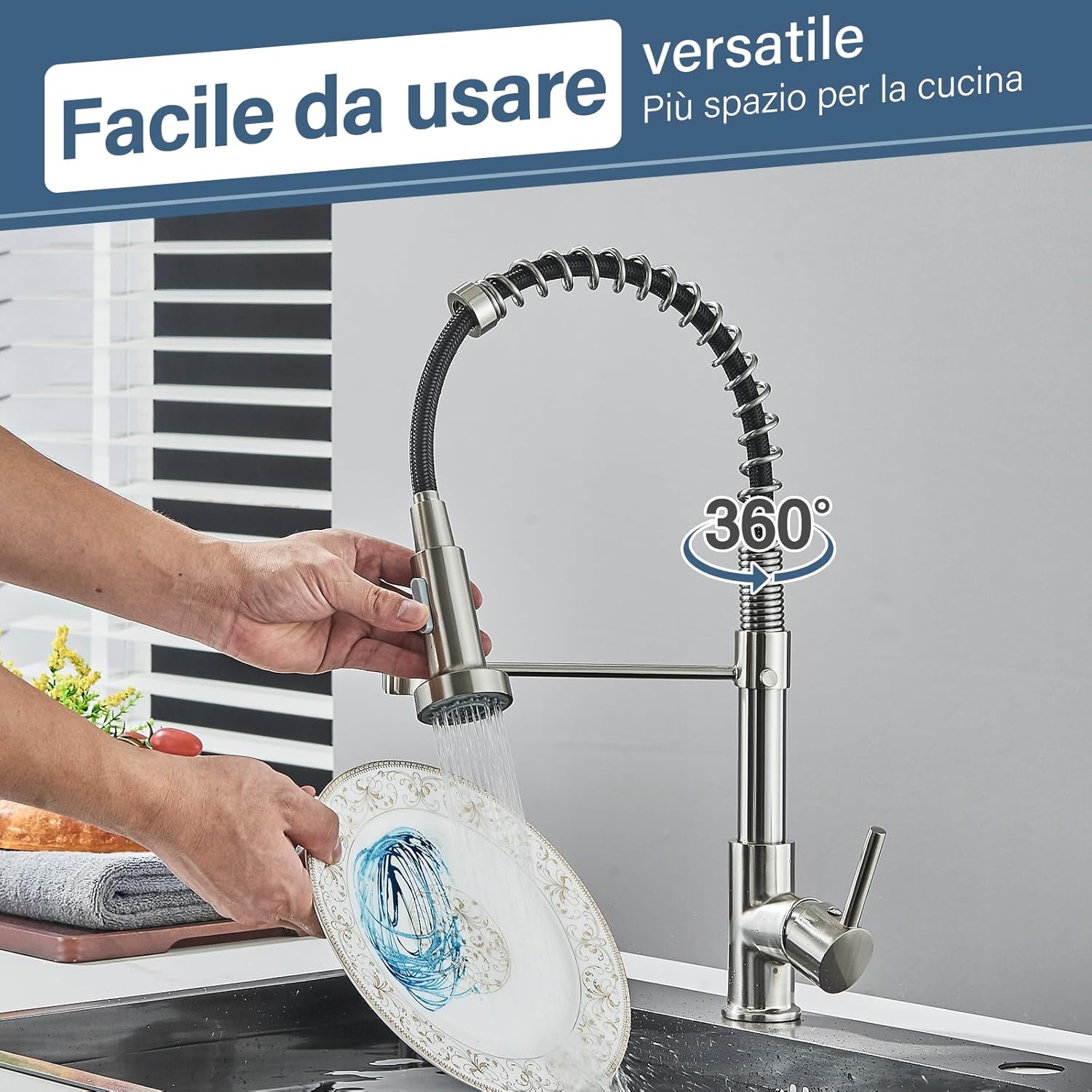 Thumbnail 1 de JUNSHENG Robinet de cuisine avec douche extractible – finition Nickel Brossé